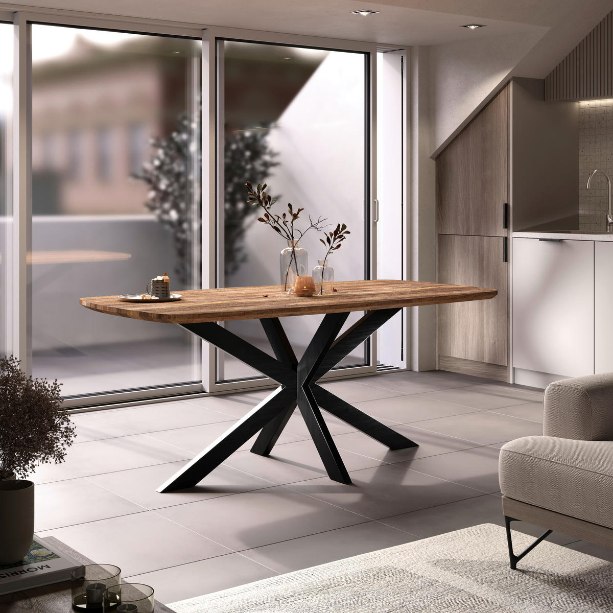 JEDILNA MIZA, masivno mangov les rjava, bežrjava  - bežrjava/črna, Konvencionalno, kovina/les (180/90/77cm) - MID.YOU