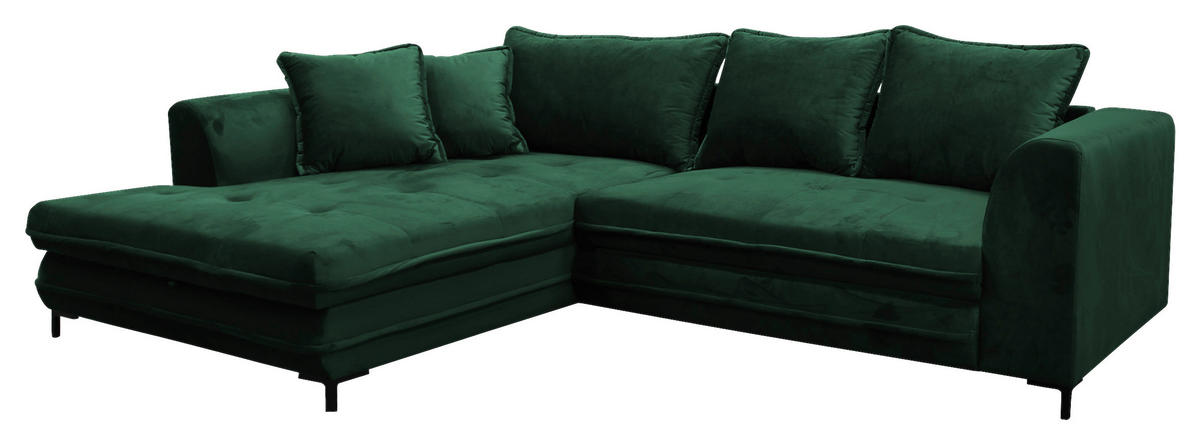 ECKSCHLAFSOFA  mit Rücken echt, Armteil links Velours Grün  - Schwarz/Grün, Design, Textil/Metall (187/277cm) - Livetastic