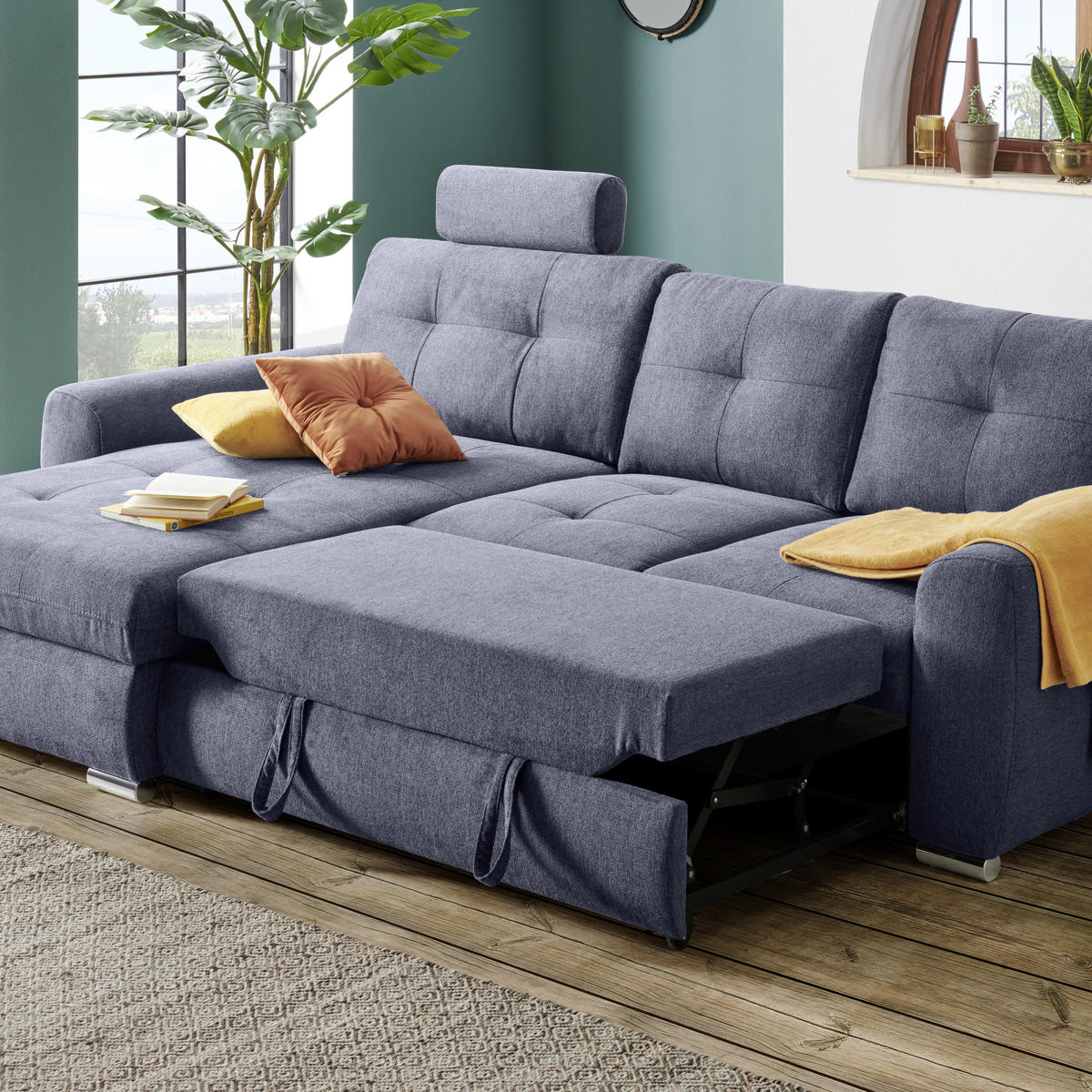 ECKSOFA in Mikrofaser Blau  - Chromfarben/Blau, Modern, Kunststoff/Textil (276/193cm) - Hom`in