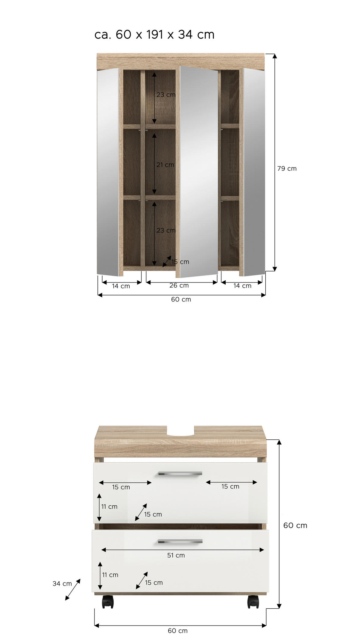 BADEZIMMER 2-teilig  in 60 cm  - Weiß Hochglanz/Silberfarben, Trend, Glas/Holzwerkstoff (60cm) - MID.YOU
