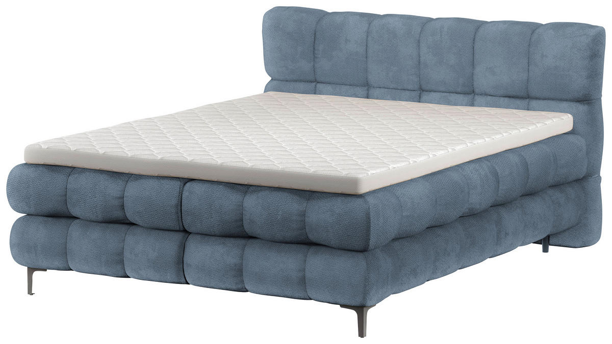 BOXBETT 160/200 cm,  in Blaugrau, gepolstertes Kopfteil, Bettkasten, Topper, H3 + H3 = fest  - Blaugrau/Schwarz, Design, Textil/Metall (160/200cm) - Ti'me