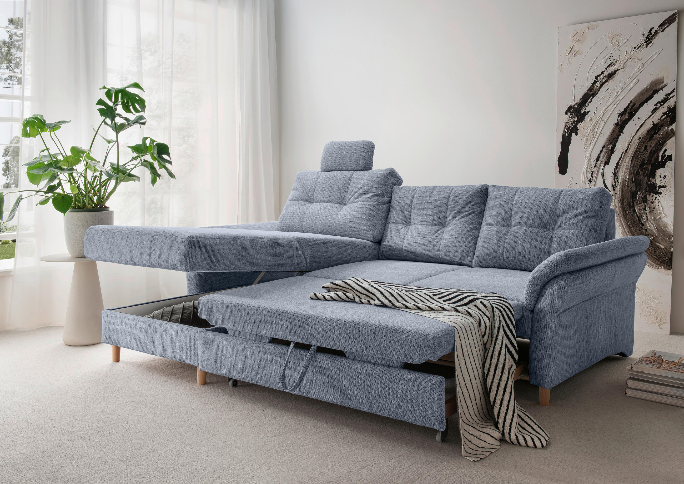 Thumbnail - Livetastic Ecksofa, Hellblau, Textil, Buche, 4-Sitzer, Füllung: Schaumstoff, Ottomane links, L-Form, 250x176 cm, Liegefu...
