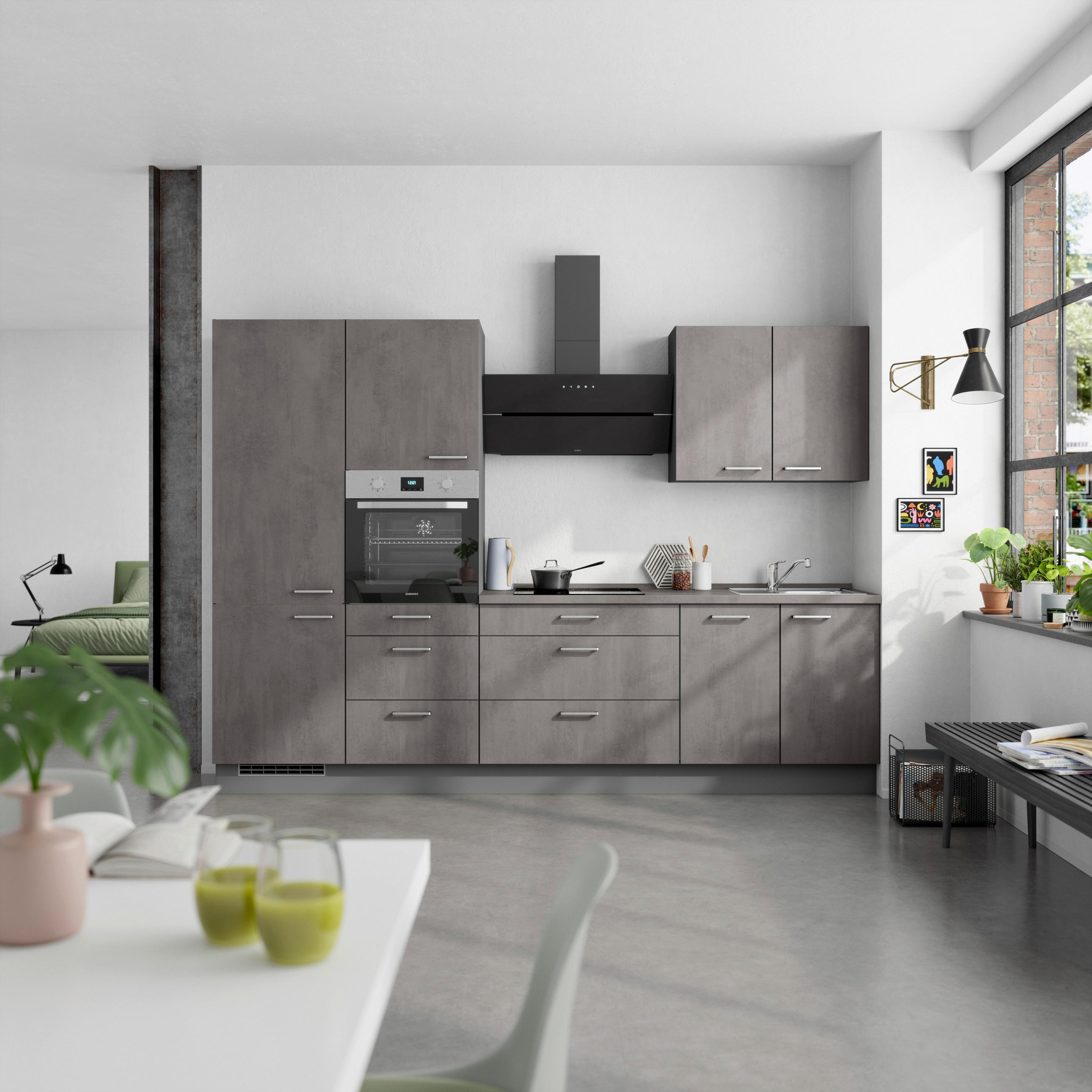 KÜCHENBLOCK Riva 300 cm  in Schieferfarben  - Schieferfarben/Edelstahlfarben, MODERN, Holzwerkstoff/Metall (300cm) - Nobilia