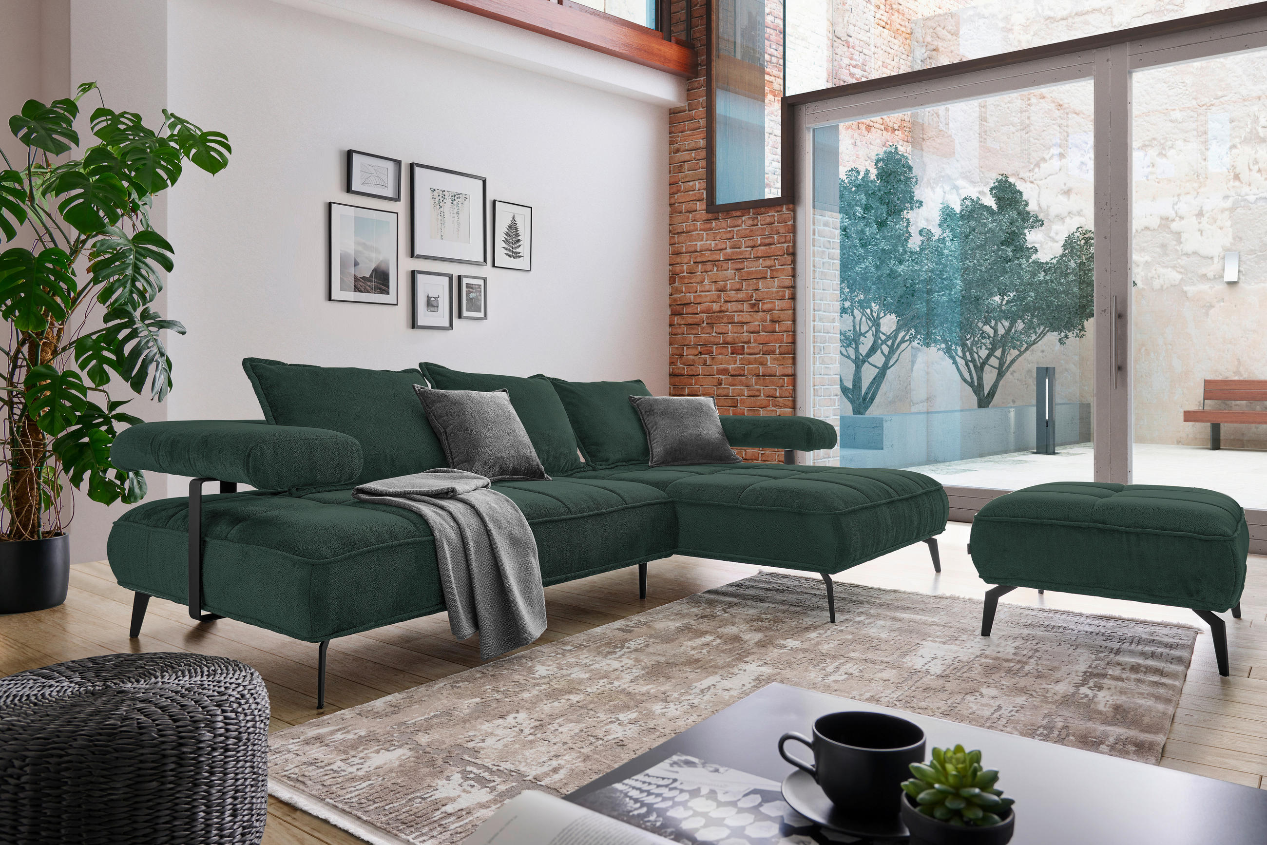 Thumbnail - Welnova Ecksofa, Dunkelgrün, Textil, Uni, 3-5-Sitzer, Ottomane rechts, L-Form, 266x180 cm, Made in EU, Stoffauswahl, sei...