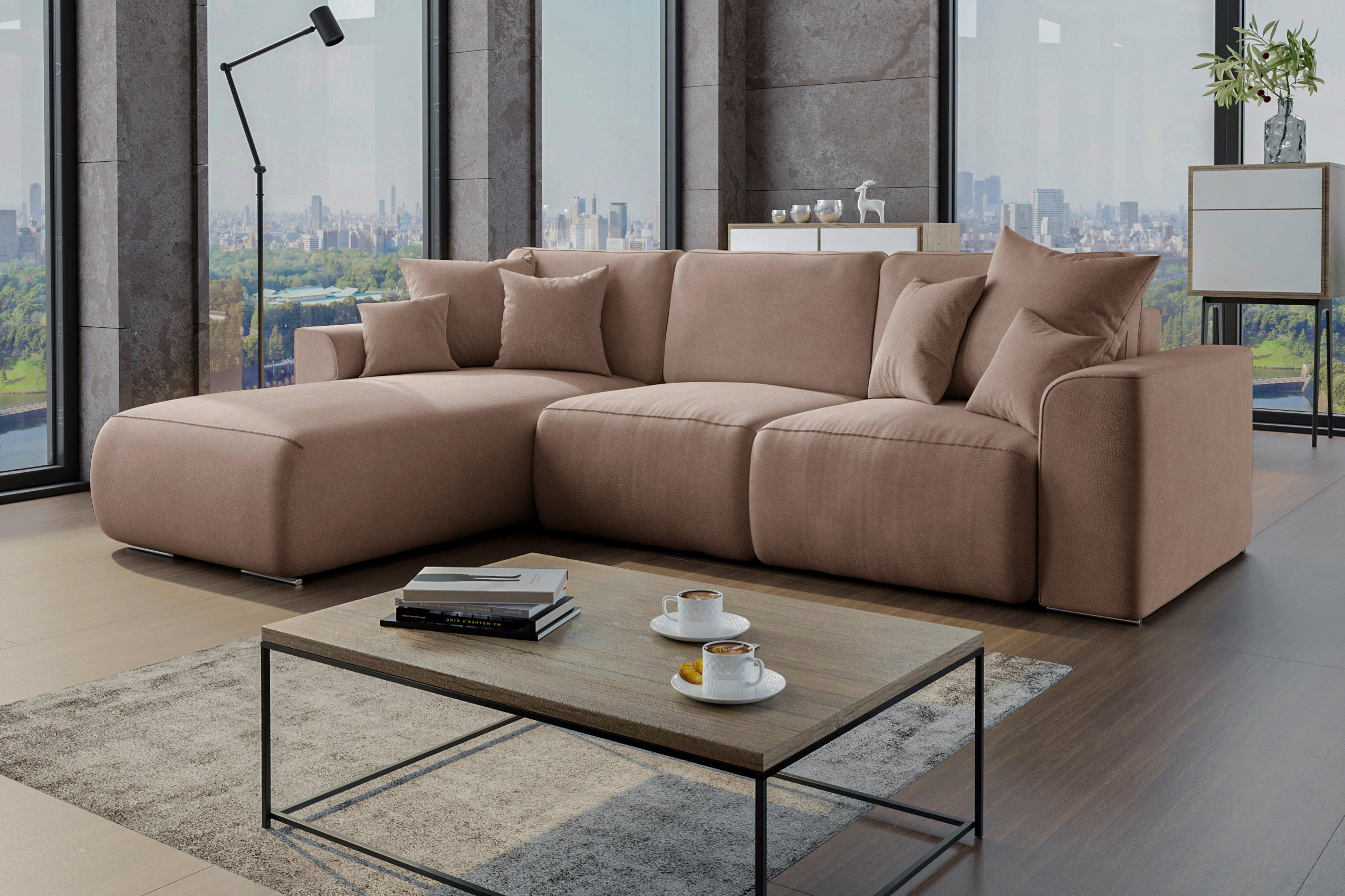 ECKSOFA Taupe Lederlook  - Taupe/Chromfarben, KONVENTIONELL, Kunststoff/Textil (195/293cm) - Carryhome