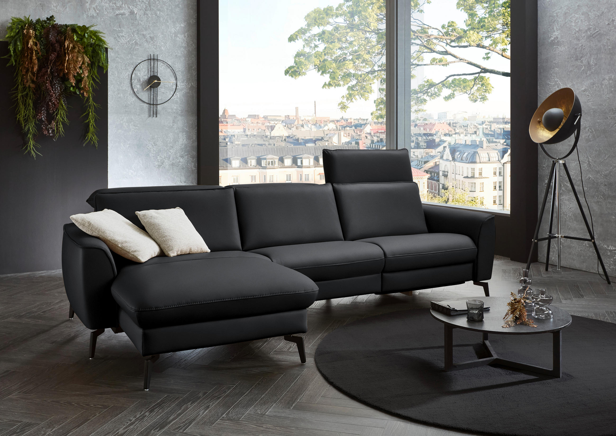 ECKSOFA in Echtleder Schieferfarben  - Schieferfarben/Schwarz, Natur, Leder/Metall (168/281cm) - Valdera