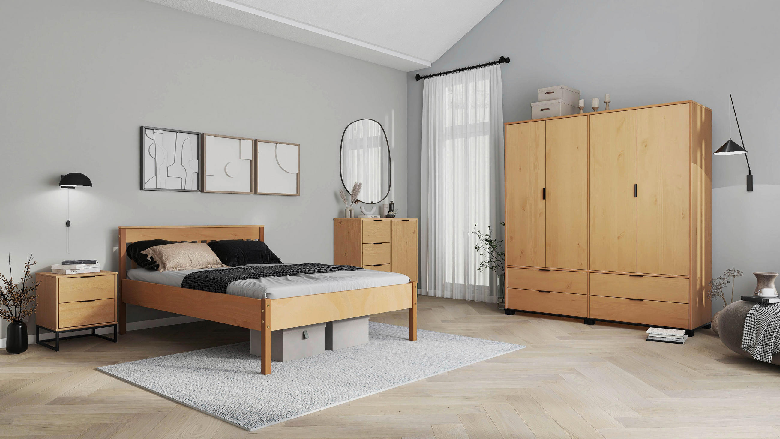 NACHTSCHRANK 50/59/45 cm Kiefer massiv  - Eichefarben/Schwarz, MODERN, Holz/Metall (50/59/45cm) - MID.YOU