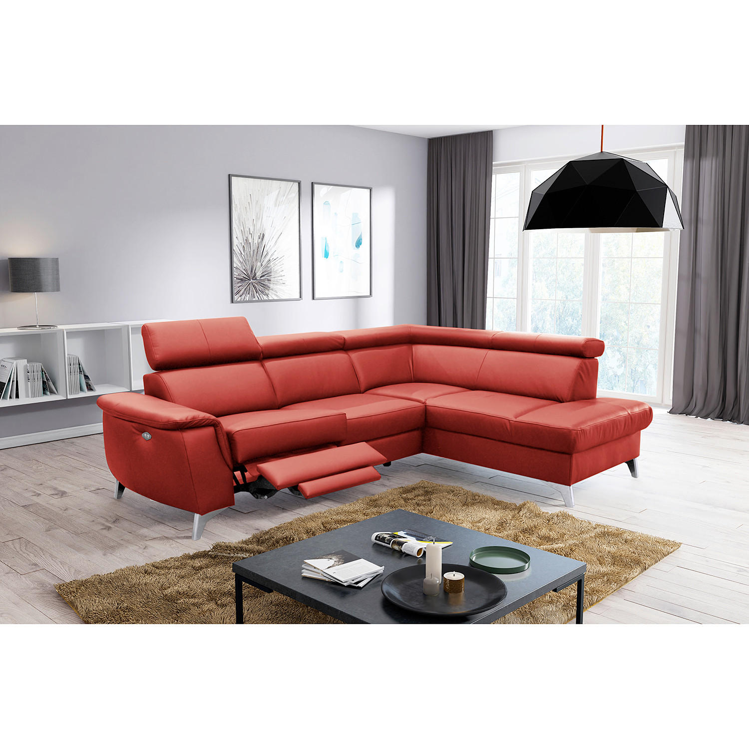 ECKSOFA Rot Echtleder Lederlook  - Chromfarben/Rot, Design, Leder/Textil (257/197cm) - Livetastic