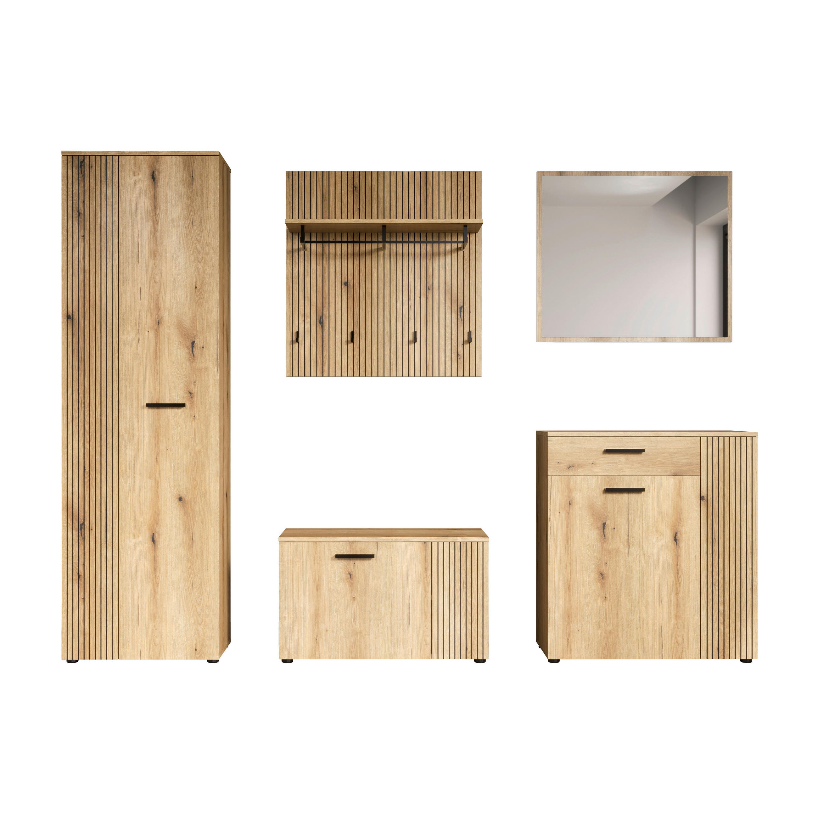 GARDEROBE 5-teilig  in 250/196/36 cm  - Eichefarben/Schwarz, Basics, Holzwerkstoff (250/196/36cm) - MID.YOU