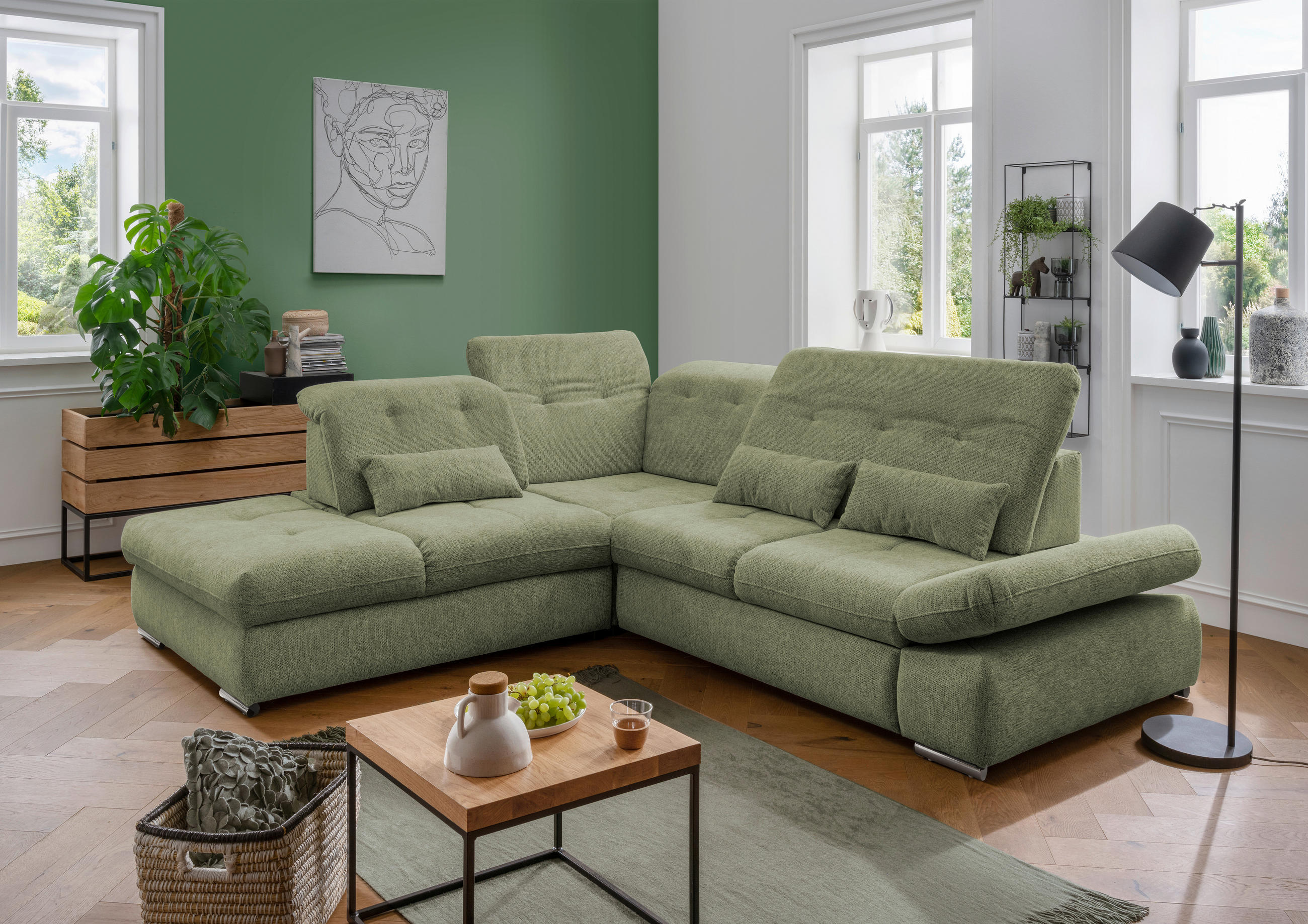 ECKSOFA Grün Chenille  - Chromfarben/Grün, Design, Textil/Metall (254/280cm) - Livetastic