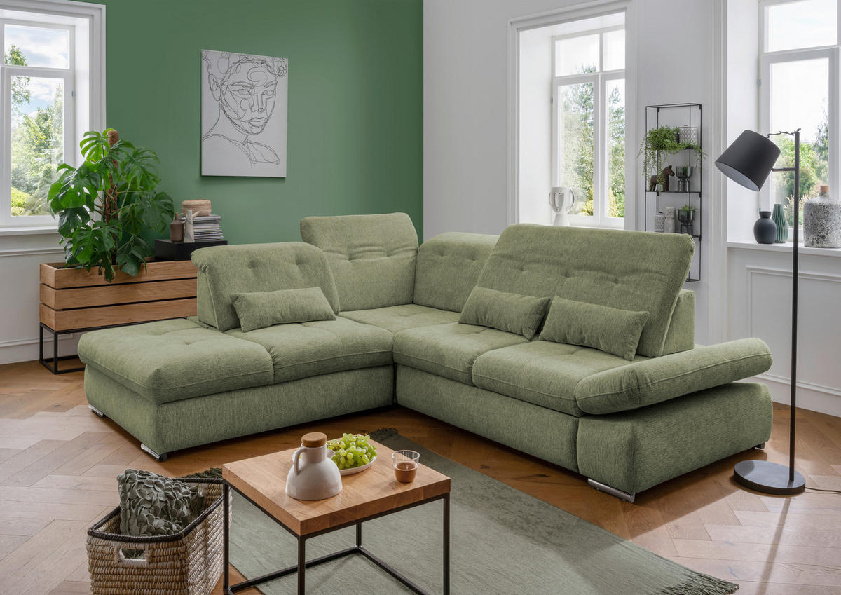 ECKSOFA in Chenille Grün  - Chromfarben/Grün, Design, Textil/Metall (254/280cm) - Livetastic