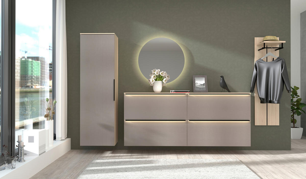 GARDEROBE 5-teilig  in 327/195/37 cm  - Eichefarben/Grau, Design, Glas/Holzwerkstoff (327/195/37cm) - Voleo