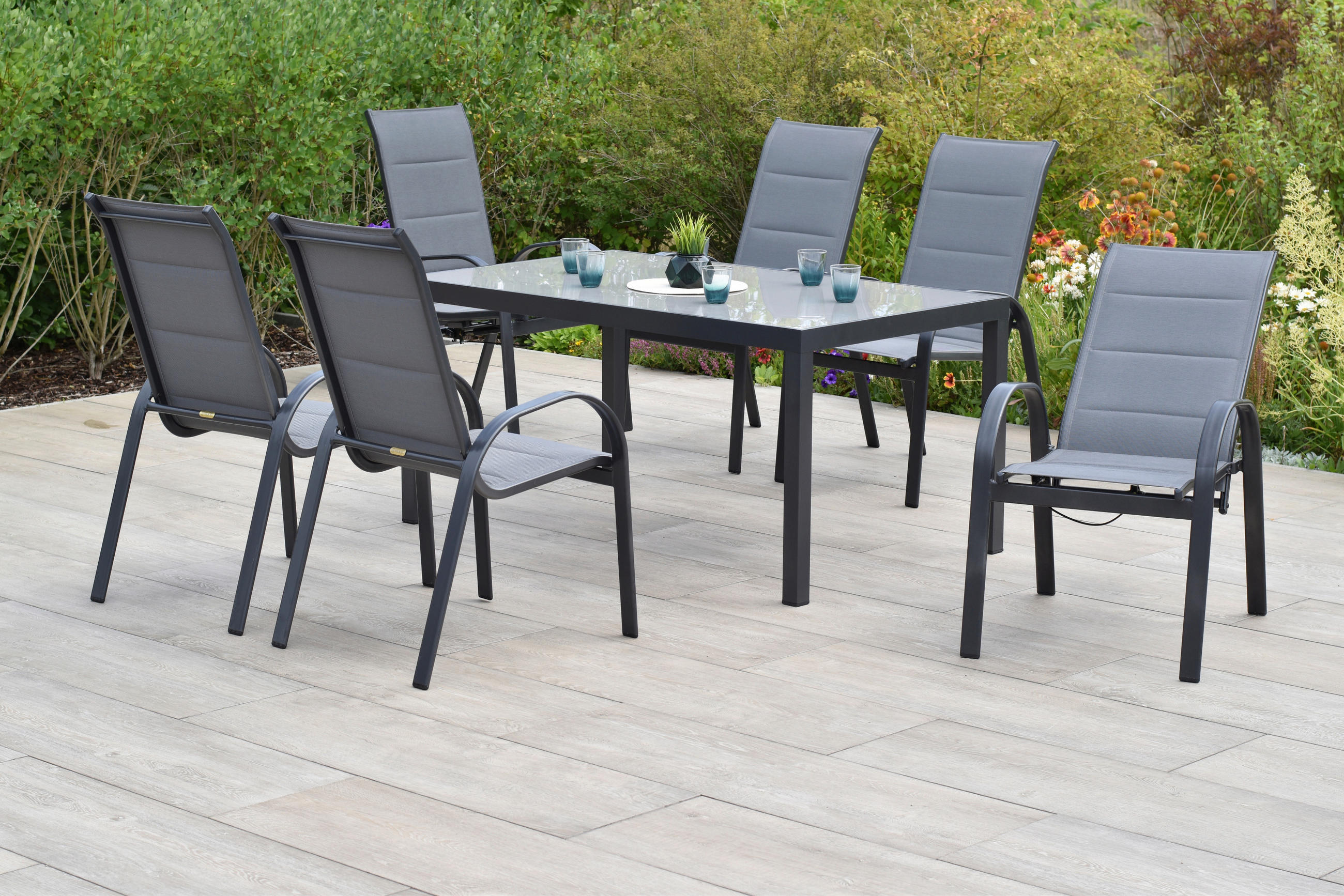 GARTENTISCHGRUPPE  - Graphitfarben/Grau, KONVENTIONELL, Glas/Textil - Gardenson