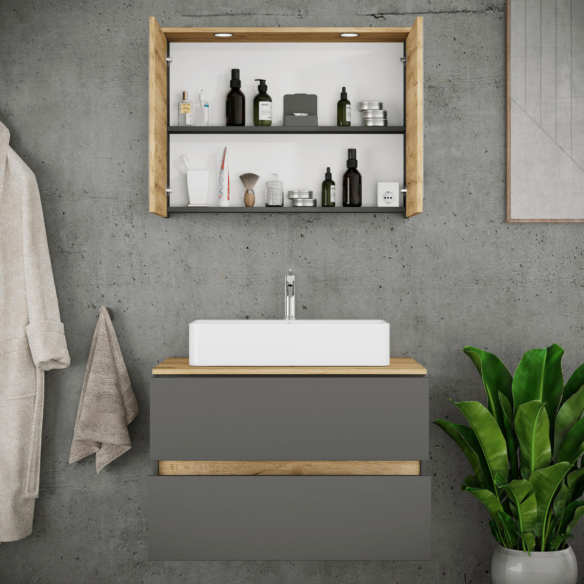BADEZIMMER 3-teilig 80 cm  - Honigeiche/Weiss, Trend, Keramik/Holzwerkstoff (80cm) - MID.YOU