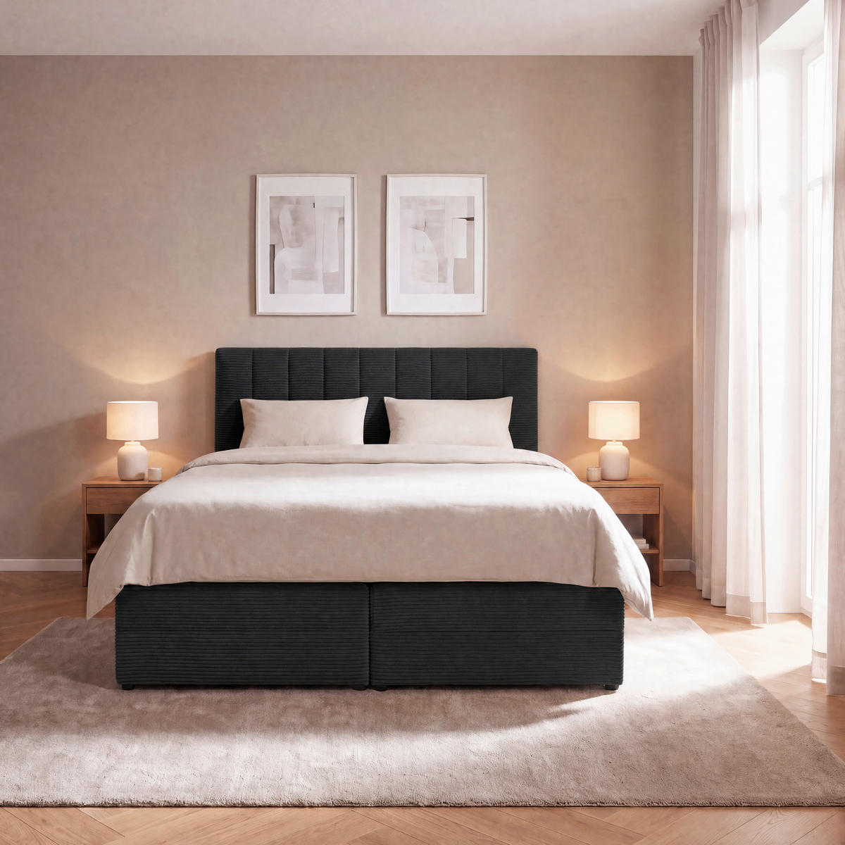 BOXSPRINGBETT 140/200 cm,  in Anthrazit, gepolstertes Kopfteil, Bettkasten, Topper, Matratzen, H2 + H2 = mittel  - Anthrazit/Schwarz, Basics, Kunststoff/Textil (140/200cm) - Boxxx