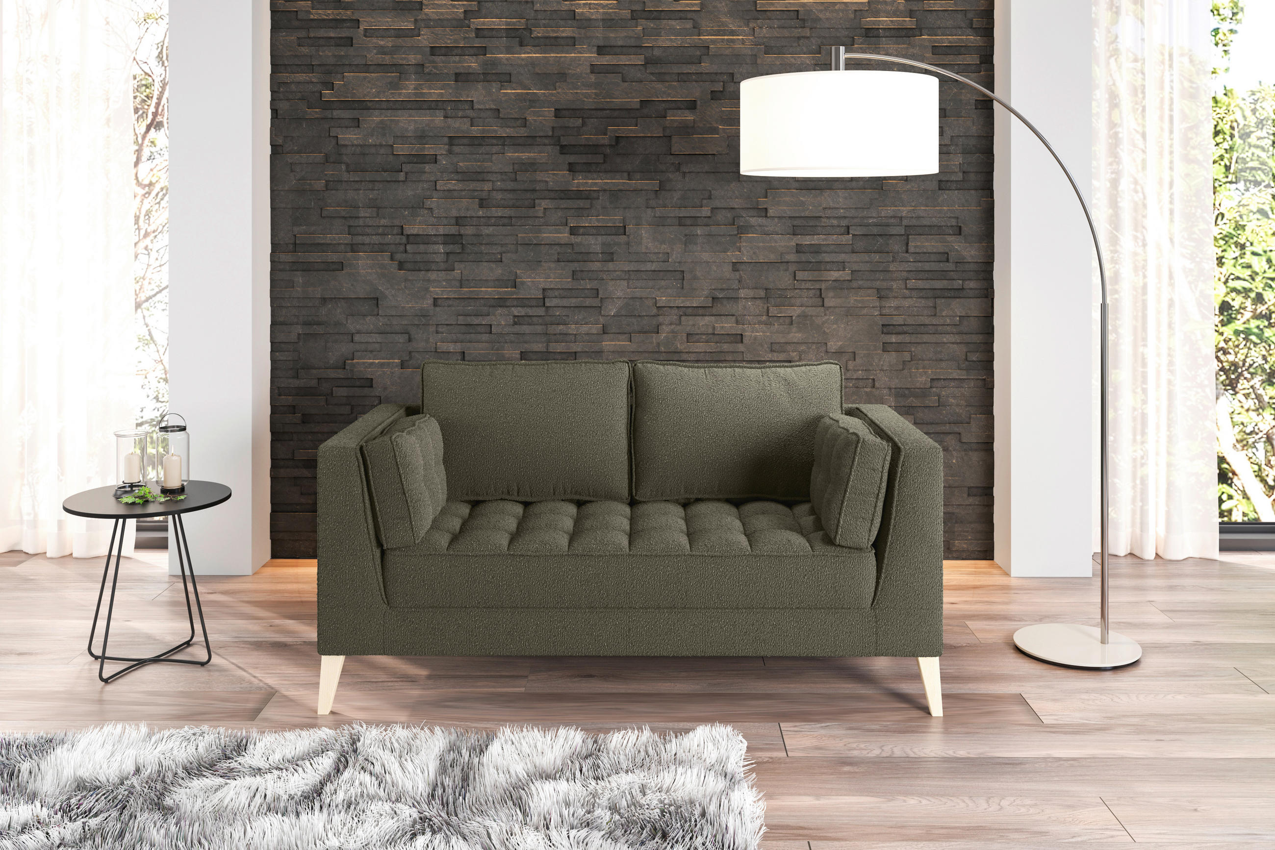 2-SITZER-SOFA in Bouclé Dunkelgrün  - Dunkelgrün/Naturfarben, Design, Holzwerkstoff/Textil (110/95/85cm) - MID.YOU