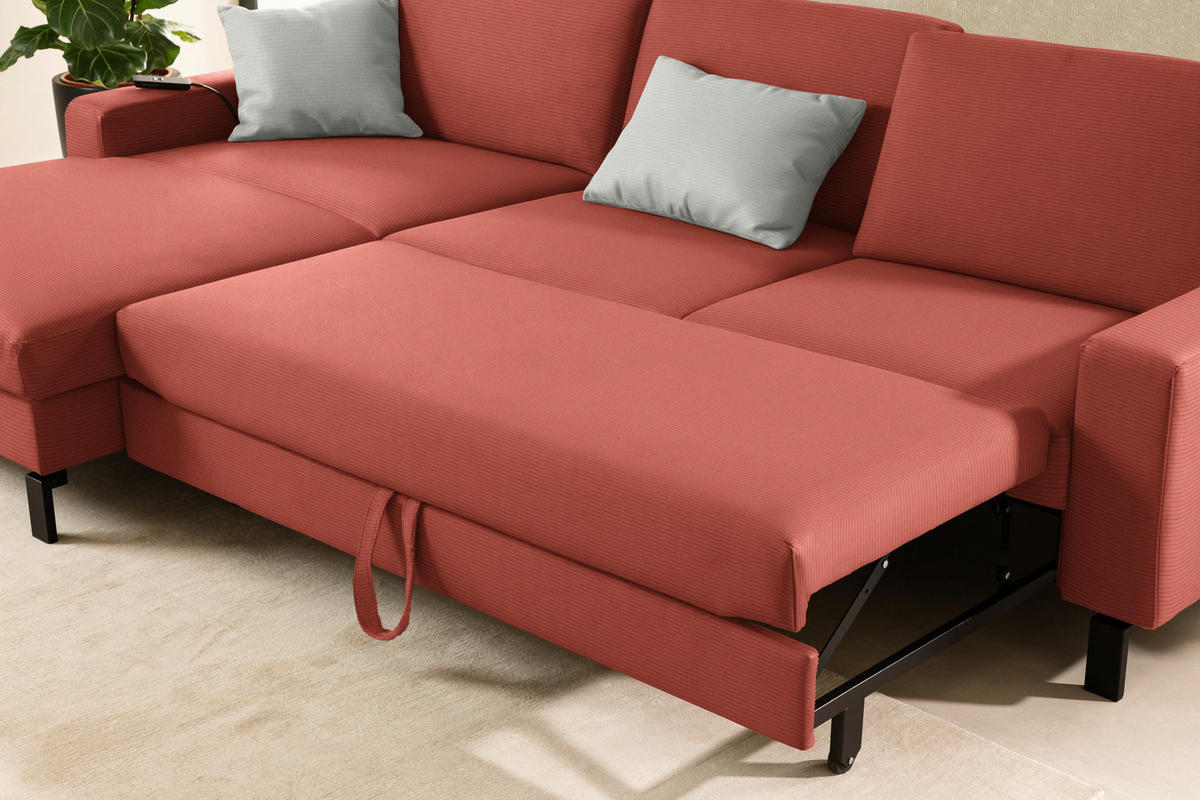 ECKSOFA  in Cord Koralle Rücken echt, Sitztiefenverstellung  185/298 cm  - Koralle/Schwarz, Design, Textil/Metall (185/298cm) - Pure Home Lifestyle