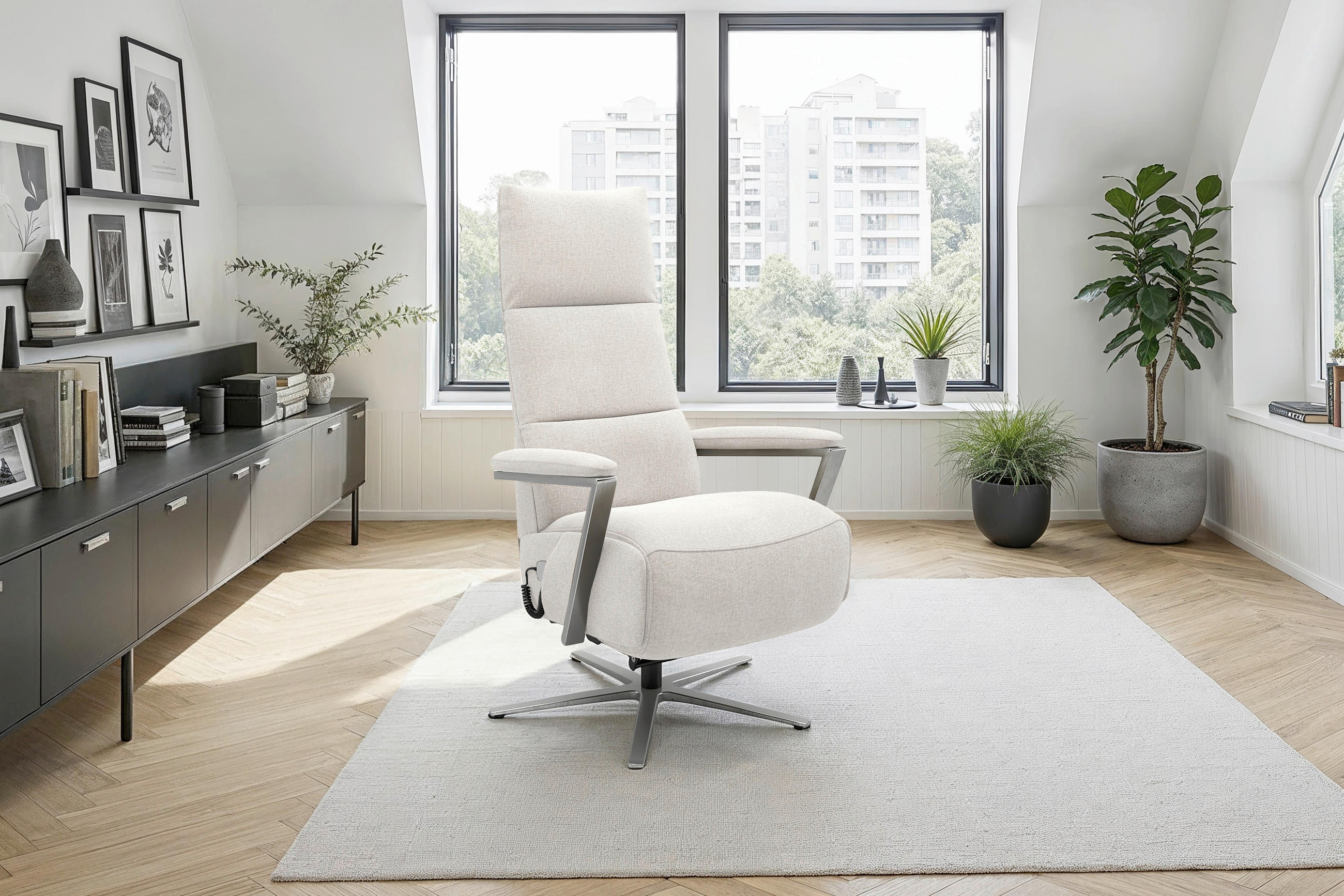 RELAXSESSEL TV VARIO COMFORT E M2 Flachgewebe Kopfteilverstellung, Rücken echt    - Silberfarben/Creme, Basics, Textil/Metall (70/126/85cm) - Sit & More