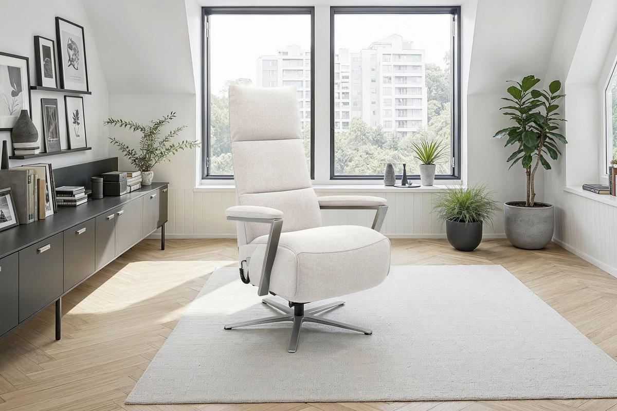 RELAXSESSEL TV VARIO COMFORT E S1 Flachgewebe Kopfteilverstellung, Rücken echt    - Silberfarben/Creme, Basics, Textil/Metall (70/124/85cm) - Sit & More