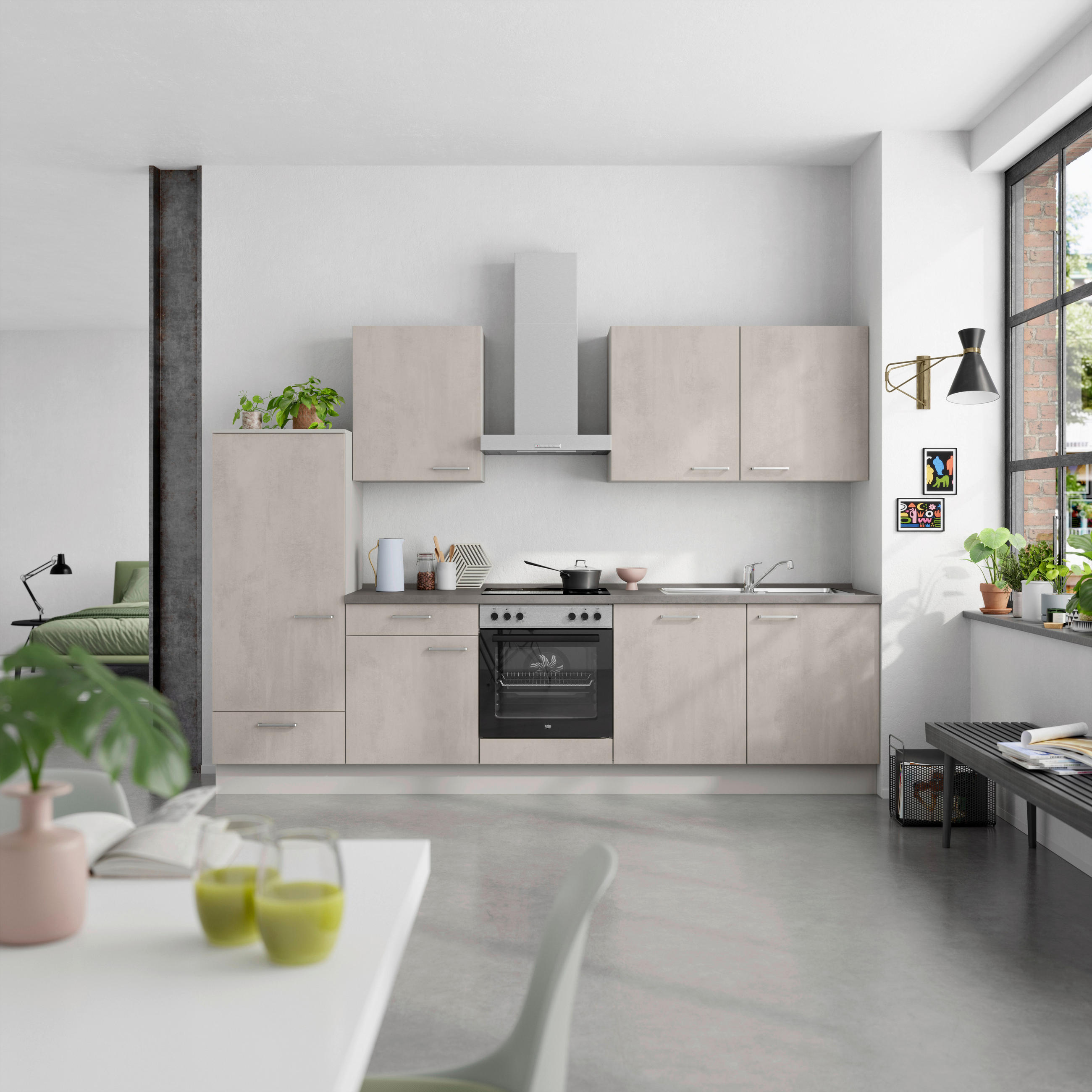 KÜCHENBLOCK Riva 300 cm  in Grau, Schieferfarben  - Schieferfarben/Edelstahlfarben, MODERN, Holzwerkstoff/Metall (300cm) - Nobilia