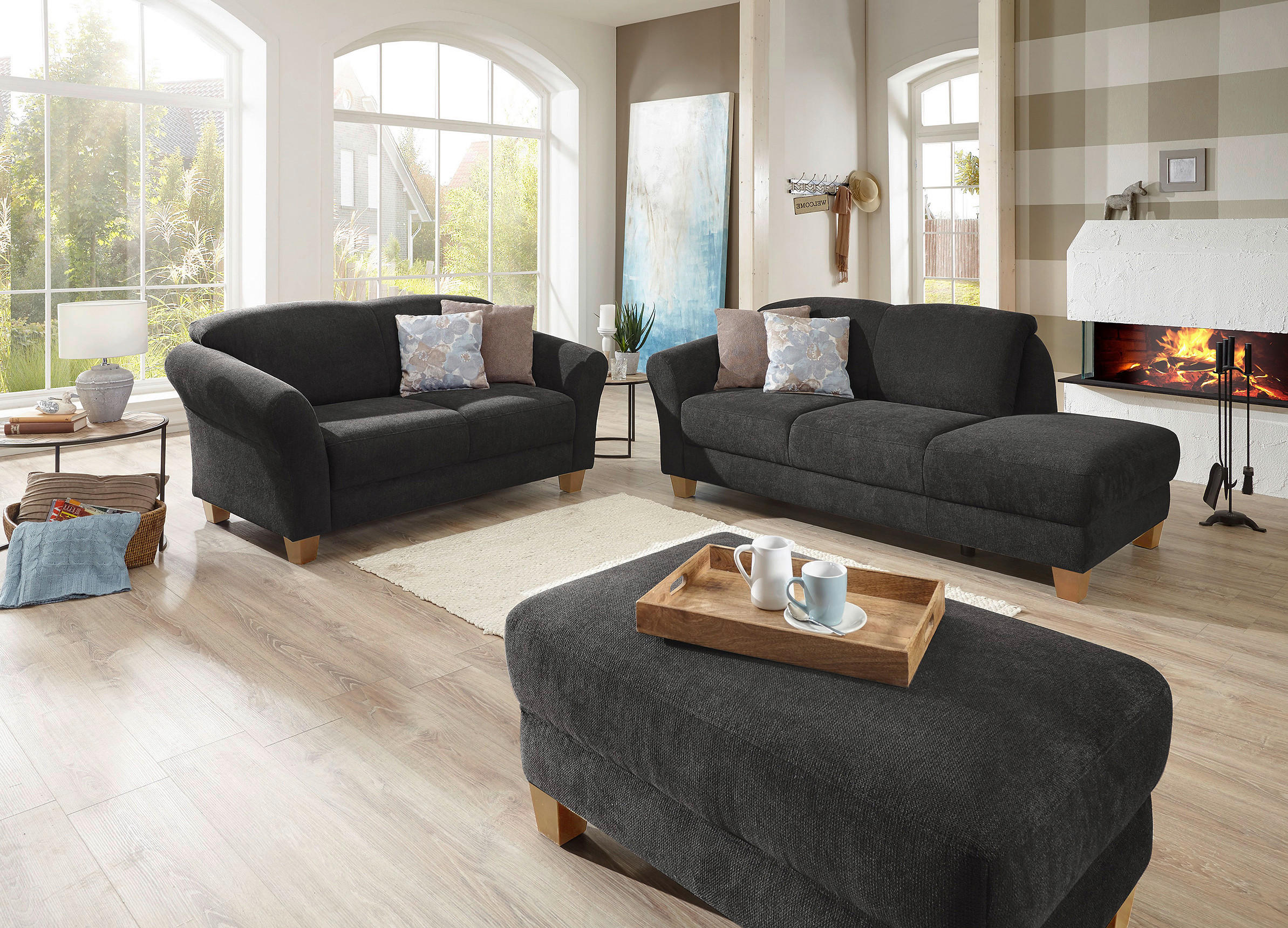 RÉCAMIERE Schwarz Flachgewebe  - Schwarz/Naturfarben, KONVENTIONELL, Holz/Textil (194/84/91cm) - Sit & More