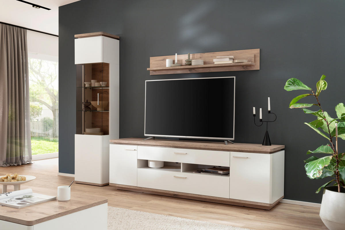 WOHNWAND  in Weiss, Eichefarben 270/208/50 cm  - Weiss/Eichefarben, Design, Glas/Holzwerkstoff (270/208/50cm) - Livetastic