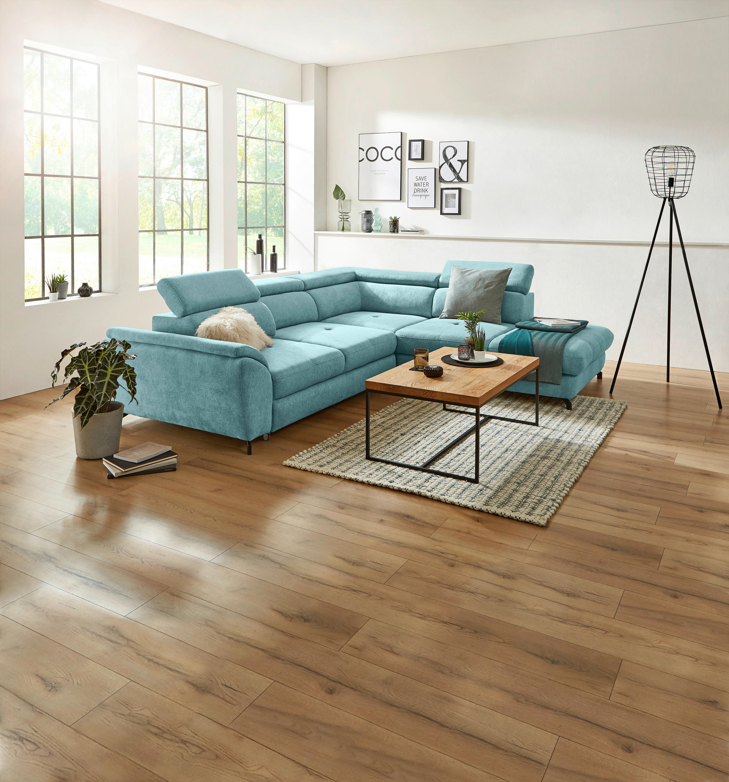 ECKSOFA inkl. Funktion Blau Webstoff  - Blau/Schwarz, Design, Textil/Metall (277/237cm) - Stylife