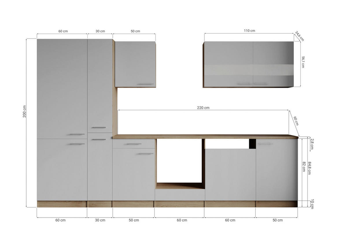 KÜCHENLEERBLOCK 310 cm   in Weiß  - Edelstahlfarben/Eichefarben, Basics, Holzwerkstoff/Metall (310cm) - Respekta
