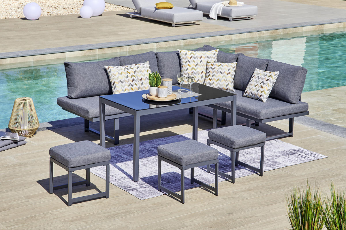 LOUNGE GARNITURA tkanina aluminij  - črna/siva, Moderno, kovina/steklo (179/212,5cm) - Ambia Garden