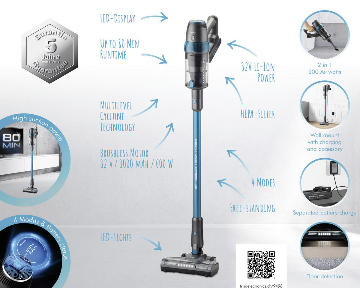 AKKU-BODENSTAUBSAUGER  - Türkis, Basics, Kunststoff (119/26/33cm) - Trisa Electronics