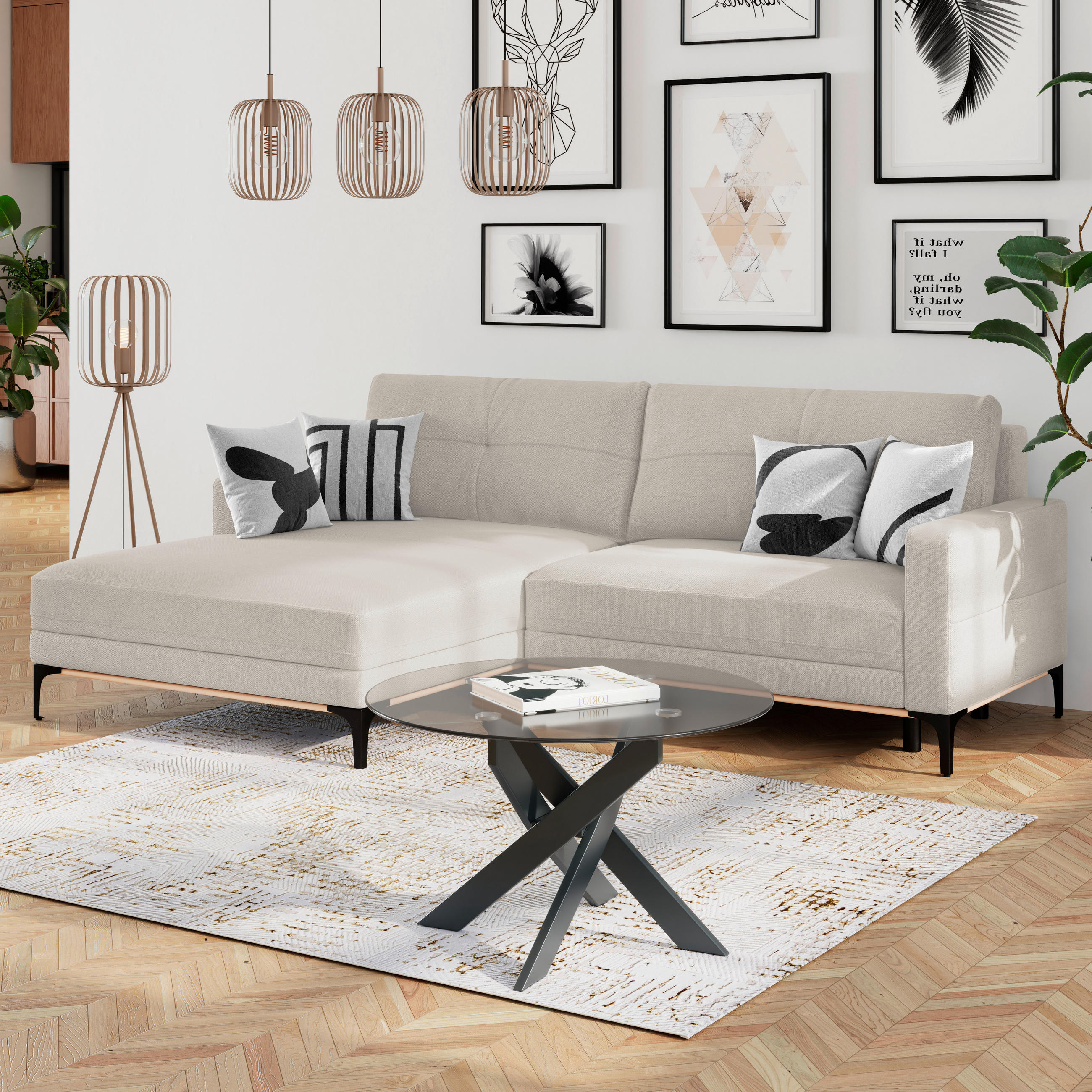 ECKSOFA in Creme  - Creme/Schwarz, Modern, Textil/Metall (162/238cm) - Ondega