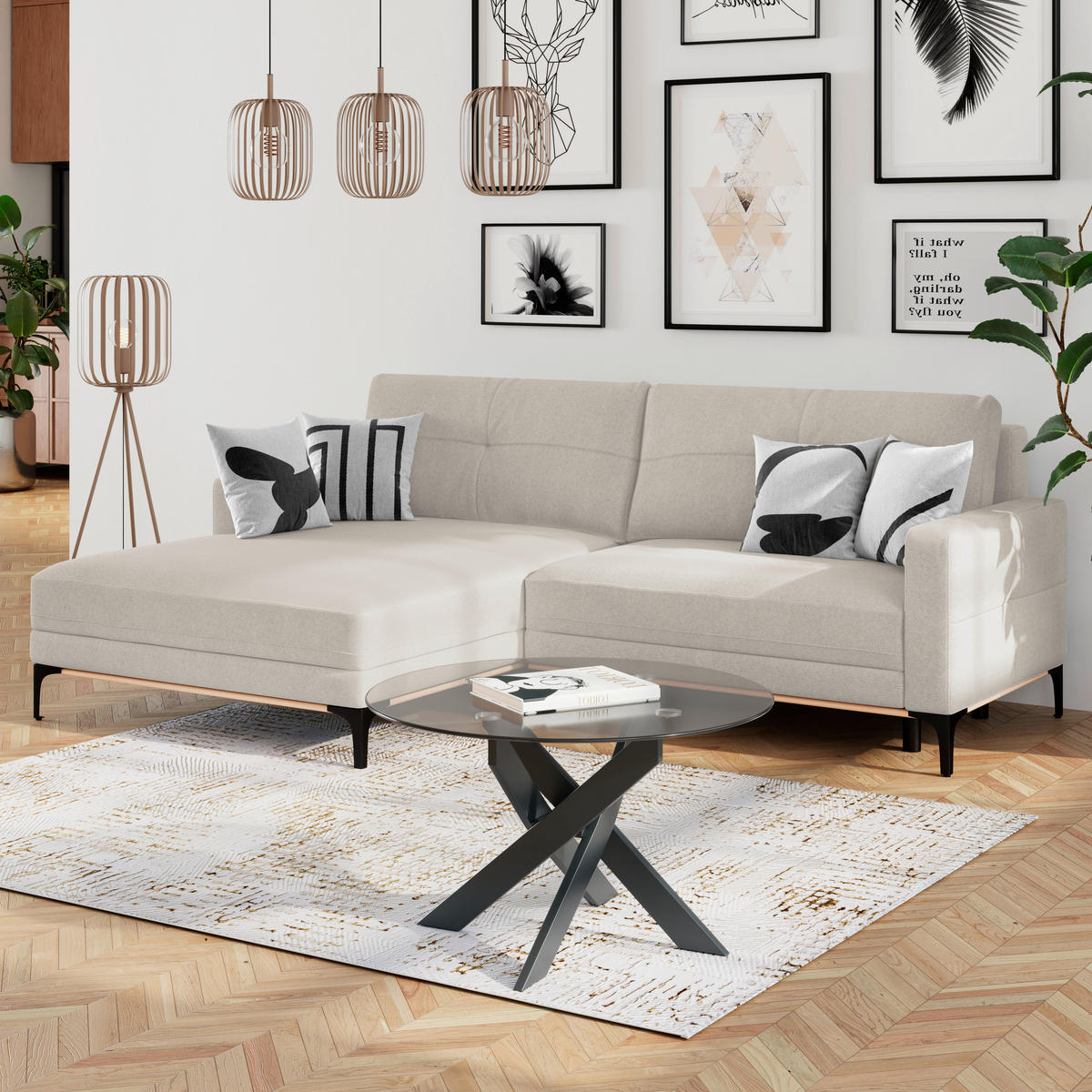 ECKSOFA in Creme  - Creme/Schwarz, Modern, Textil/Metall (162/238cm) - Ondega