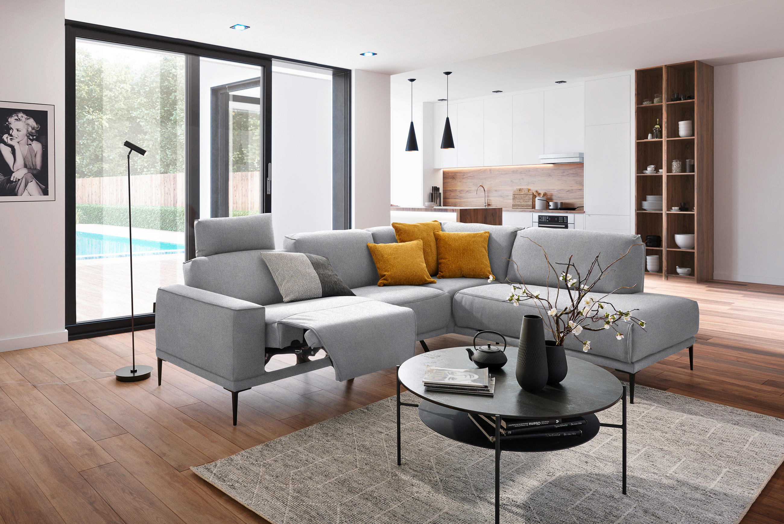 ECKSOFA in Flachgewebe Hellgrau  - Hellgrau/Schwarz, Design, Textil/Metall (260/210cm) - Johann Jakob