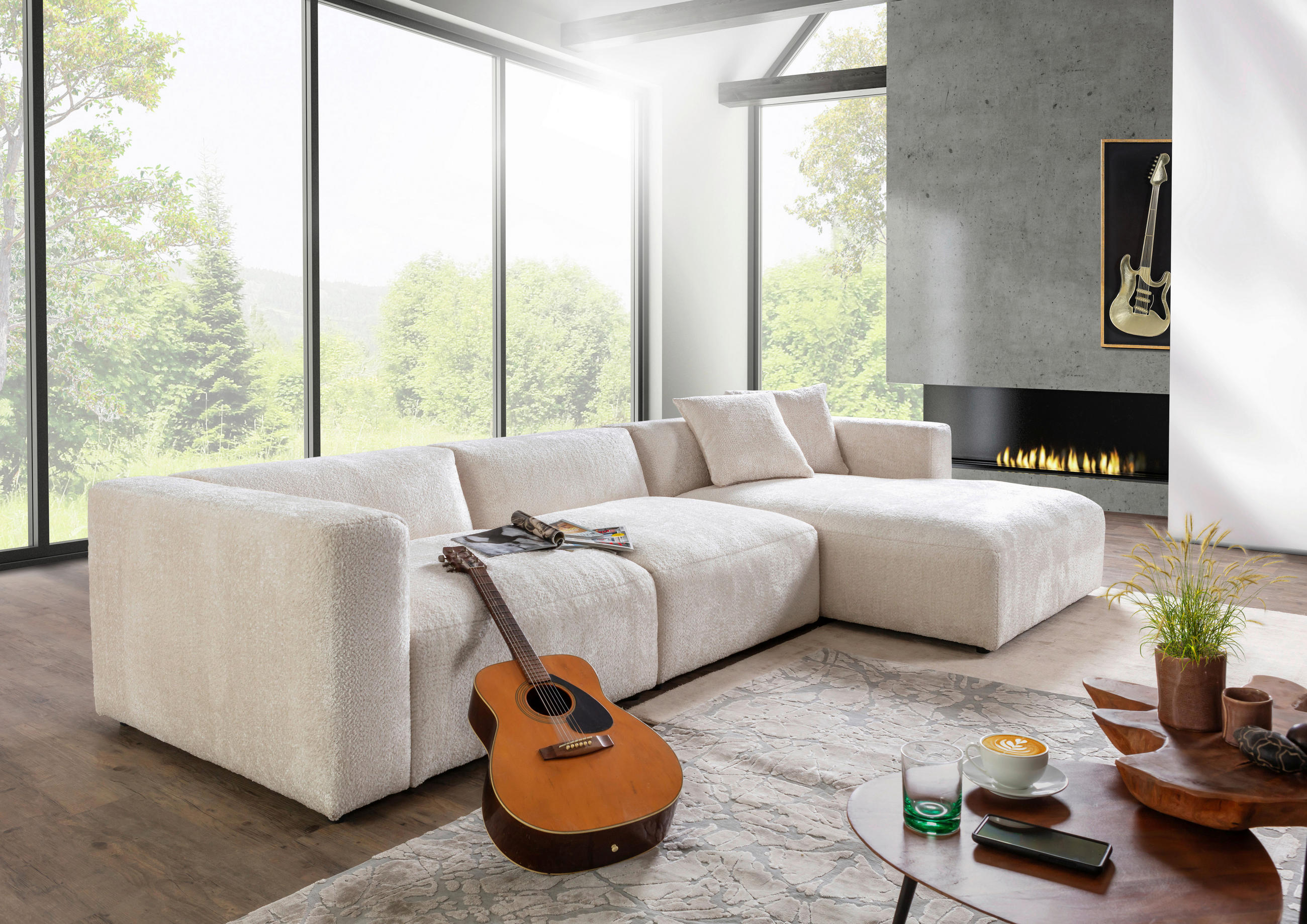ECKSOFA Creme Chenille - Creme/Schwarz, MODERN, Kunststoff/Textil (323/178cm) - Carryhome