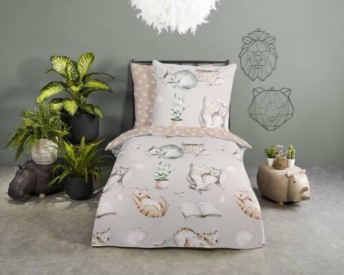 JUGENDBETTWÄSCHE Catlife Renforcé 135/200 cm  - Beige/Grau, Design, Textil (135/200cm)
