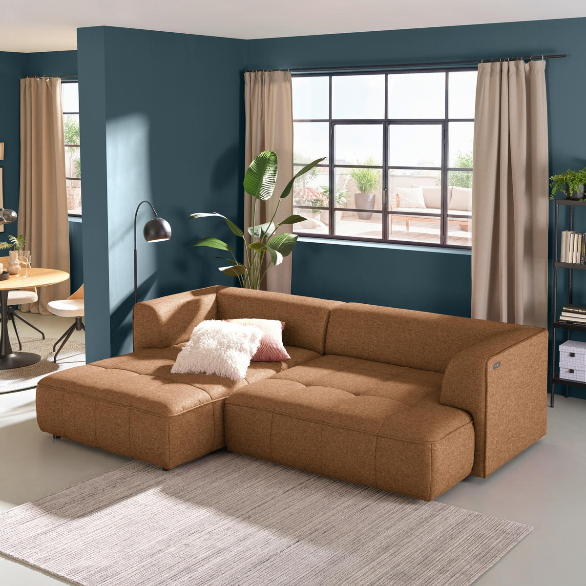 ECKSOFA Webstoff Cognac  - Cognac/Schwarz, Design, Kunststoff/Textil (188/288cm) - Welnova
