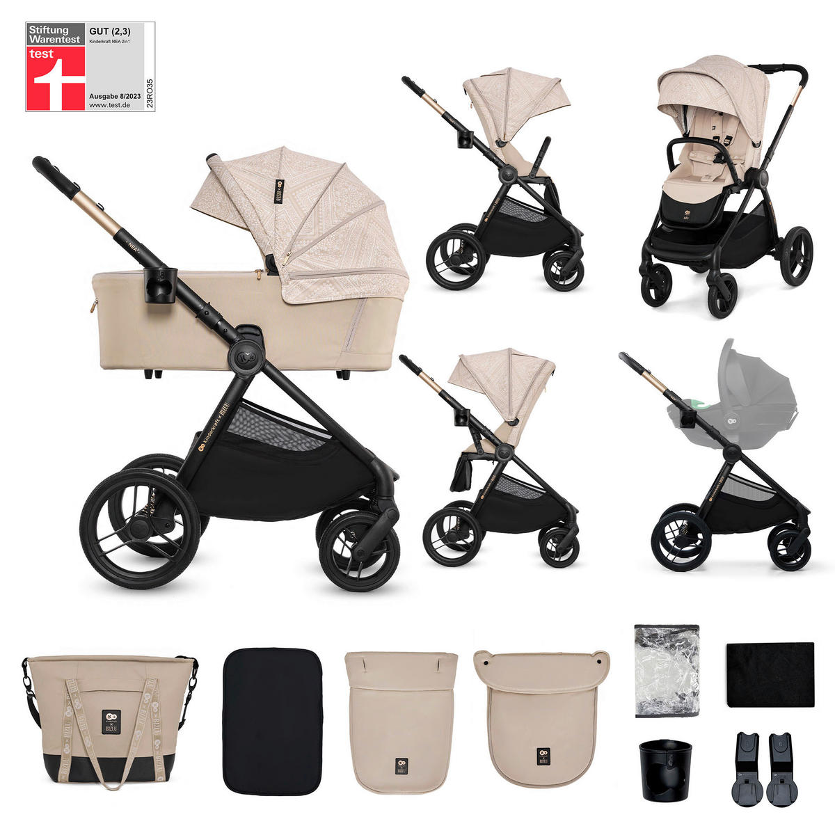 KINDERWAGENSET Nea 2 Bizuu  - Schwarz Hochglanz/Beigebraun, Basics, Kunststoff/Textil (81/60/112cm) - Kinderkraft