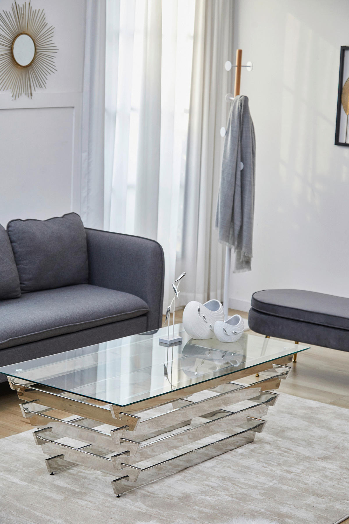 COUCHTISCH Sicherheitsglas, Klarglas 130/70/45 cm rechteckig Klar, Silberfarben  - Klar/Silberfarben, Design, Glas/Metall (130/70/45cm) - Livetastic