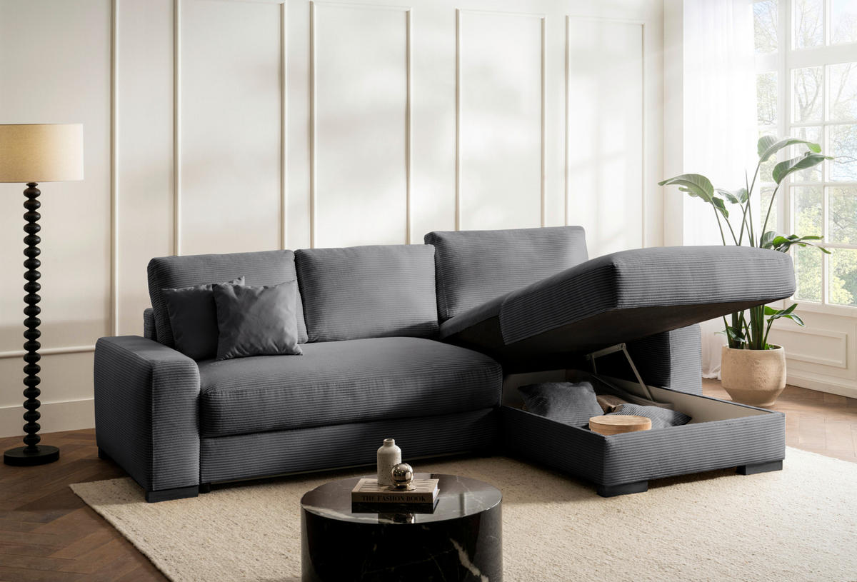 ECKSOFA in Cord Grau  - Schwarz/Grau, Design, Holz/Textil (264/184cm) - Stylife