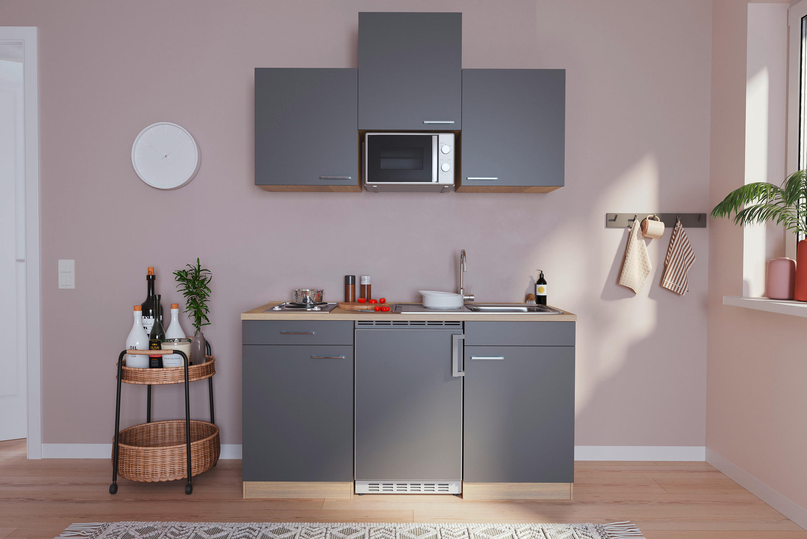 MINIKÜCHE 150 cm   in Grau, Eichefarben  - Eichefarben/Grau, Basics, Holzwerkstoff (150cm) - Respekta