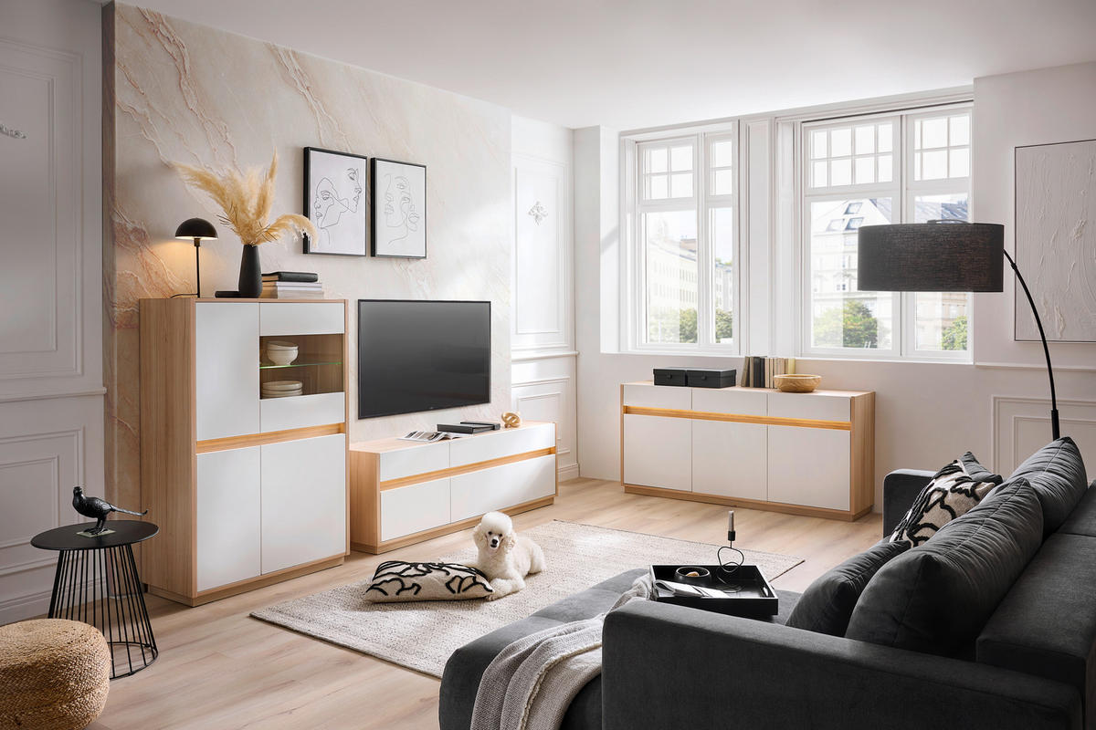 VITRINE Weiss, Eichefarben  95/141,5/42 cm  - Weiss/Eichefarben, Konventionell, Glas/Holzwerkstoff (95/141,5/42cm) - Hom`in