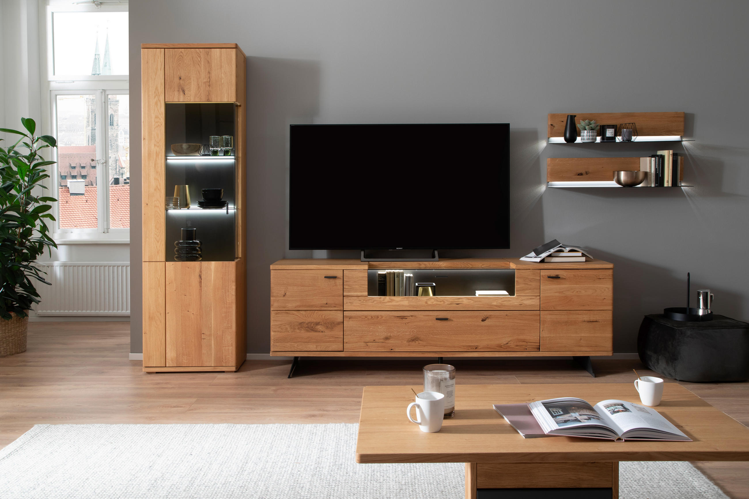 WOHNWAND 3-teilig  in Wildeiche 340/209/50 cm  - Wildeiche/Anthrazit, Natur, Glas/Holz (340/209/50cm) - Linea Natura