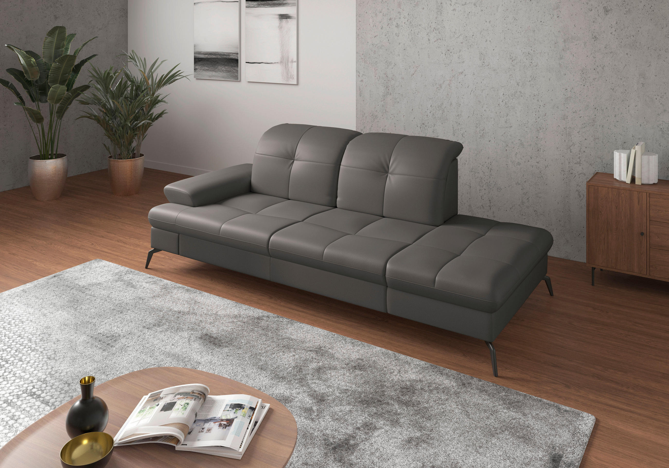 RÉCAMIERE Mokka Echtleder  inkl. Armteilverstellung, Sitztiefenverstellung  - Schwarz/Mokka, KONVENTIONELL, Leder/Metall (231/90/122cm) - Sit & More