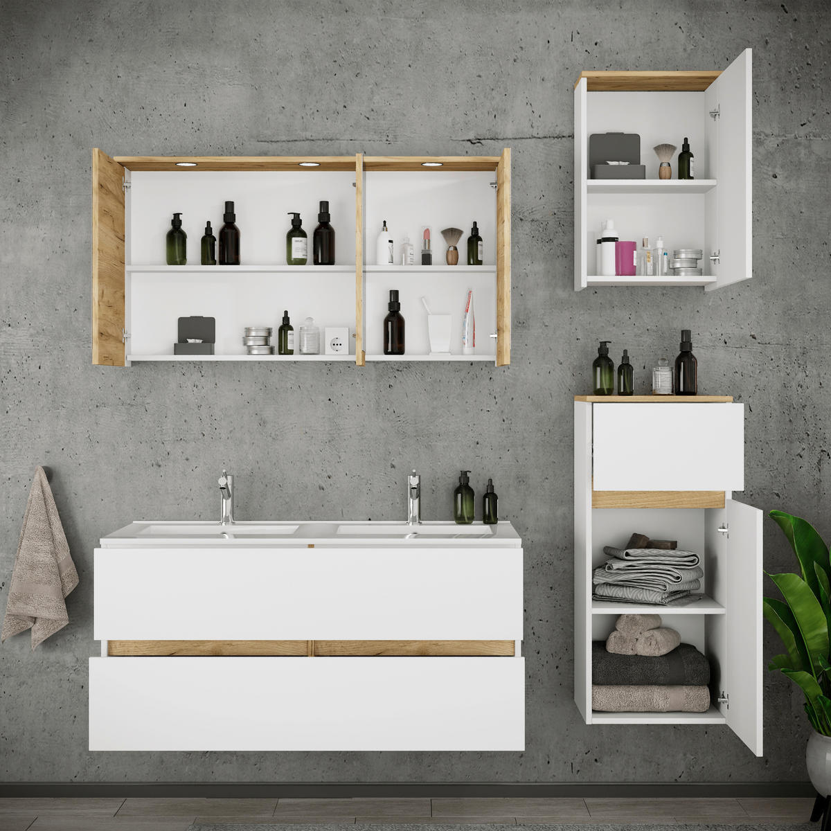 BADEZIMMER 5-teilig  in 152 cm  - Honigeiche/Weiß, Trend, Keramik/Holzwerkstoff (152cm) - MID.YOU