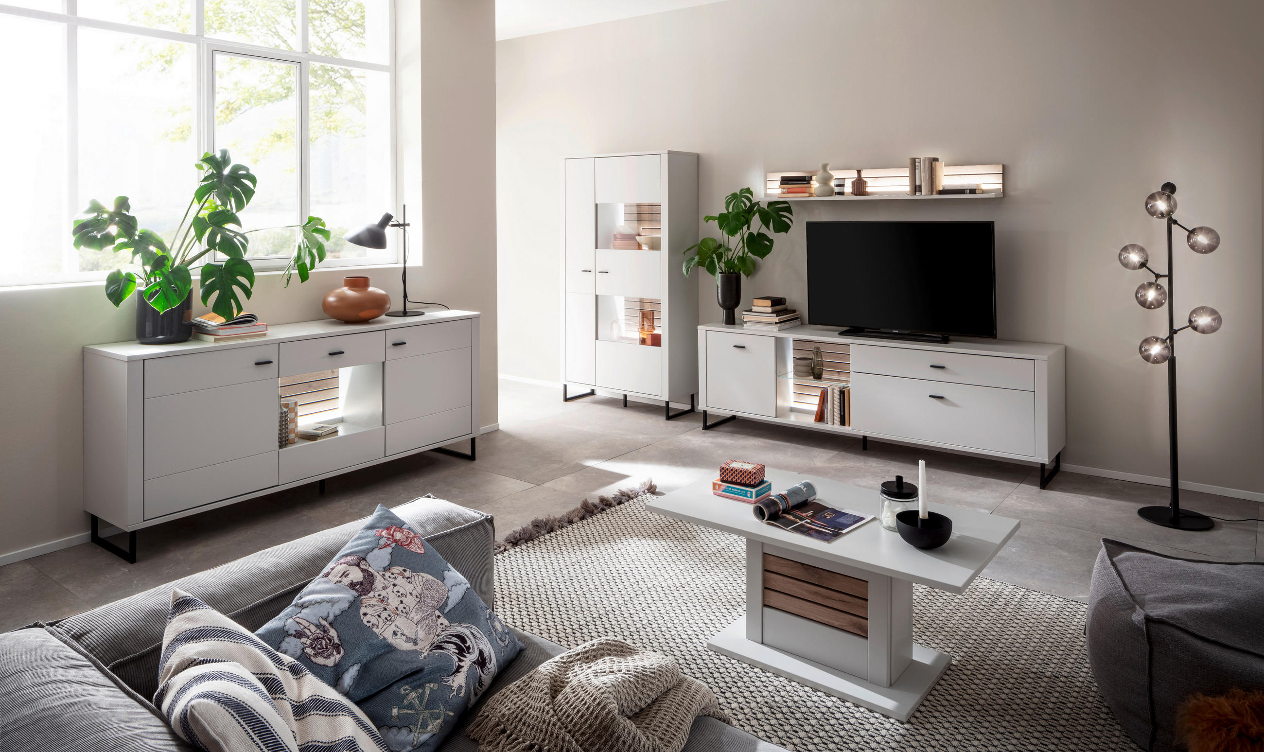 WOHNWAND  in Weiss, Eichefarben 326/185/44 cm  - Weiss/Eichefarben, Design, Glas/Holzwerkstoff (326/185/44cm) - Stylife