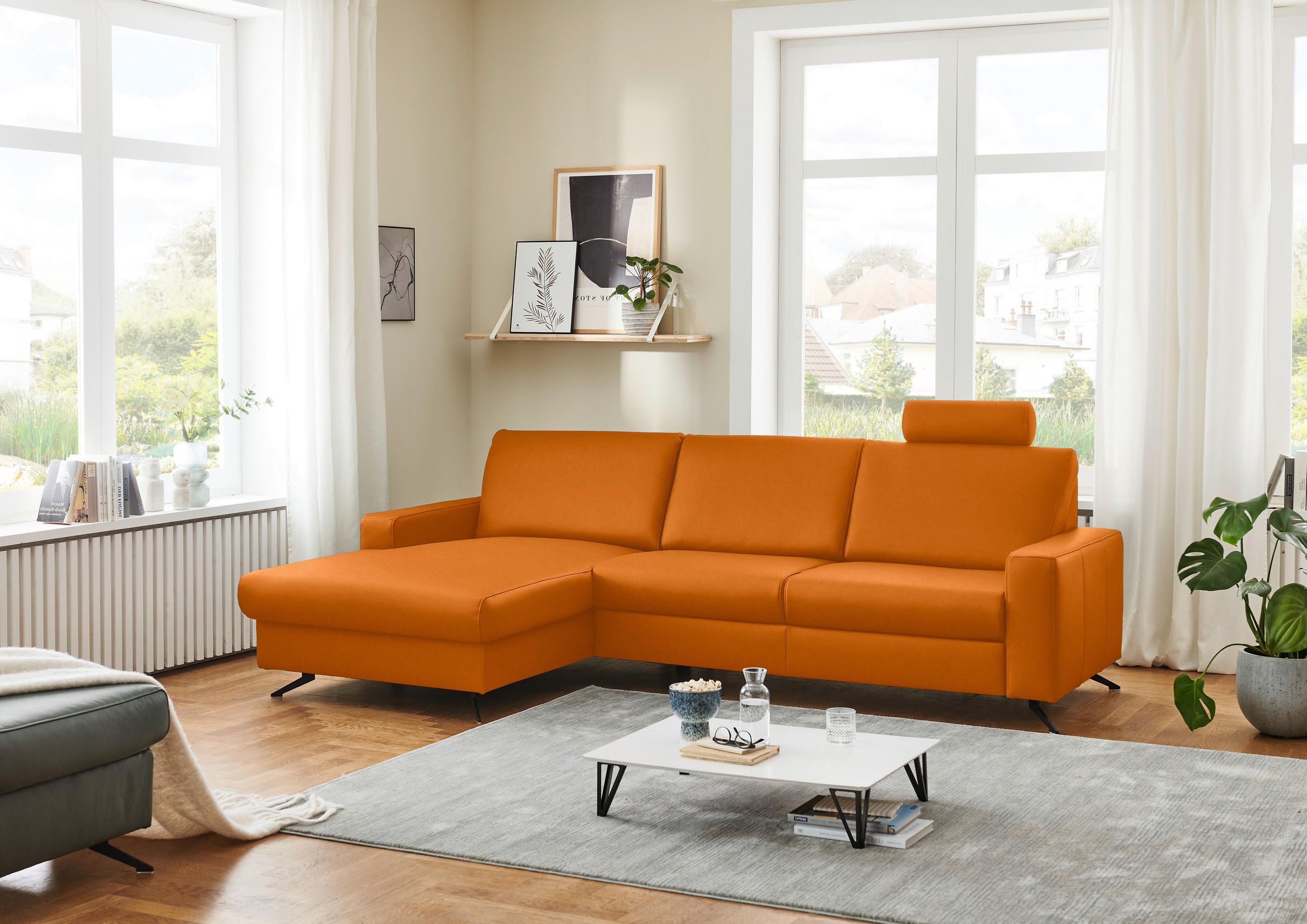 ECKSOFA in Echtleder Orange  165/267 cm  - Schwarz/Orange, Design, Leder/Metall (165/267cm) - Beldomo Premium