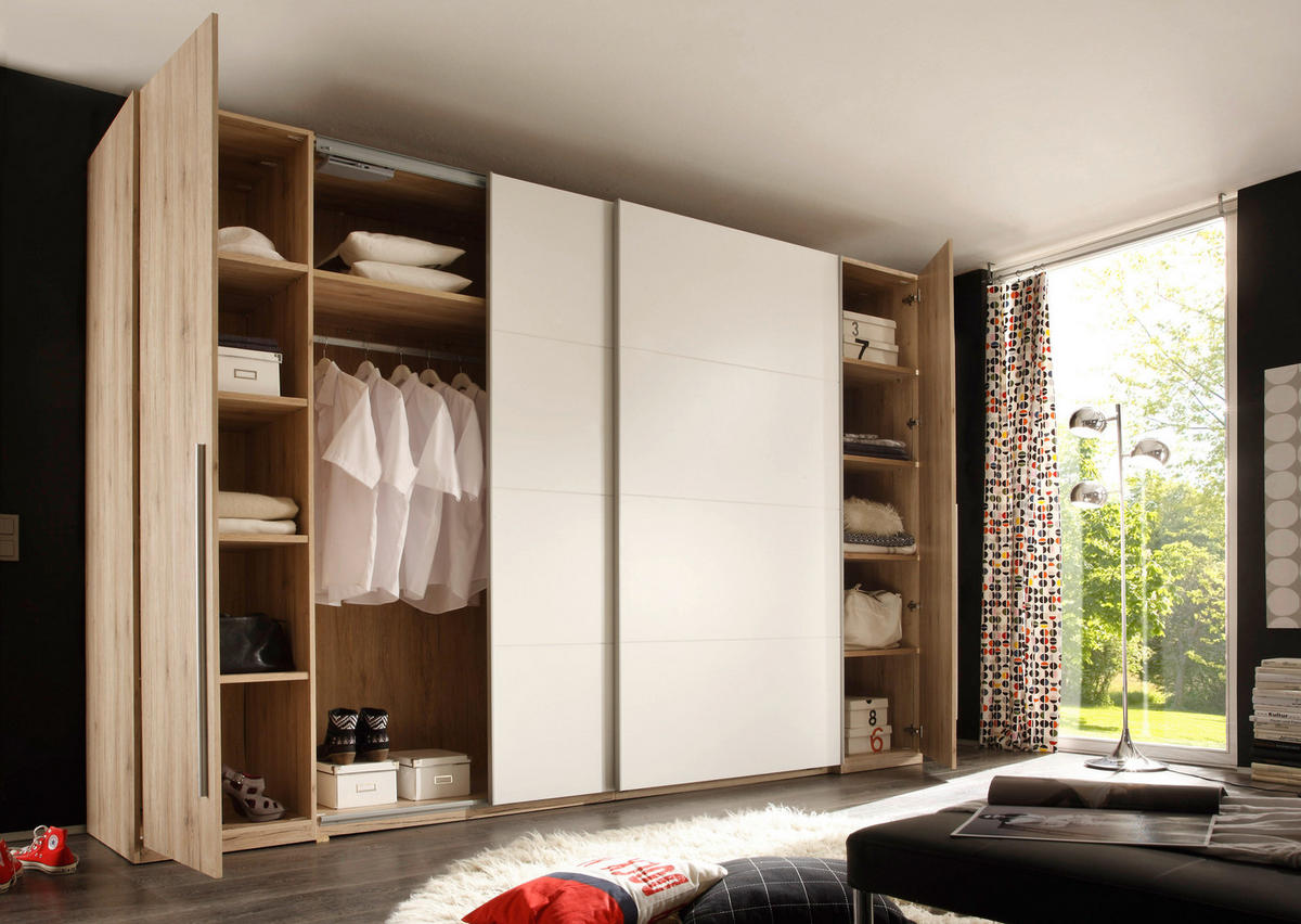 SCHWEBETÜRENSCHRANK  in Weiß, Eiche San Remo  - Alufarben/Eiche San Remo, KONVENTIONELL, Holzwerkstoff/Kunststoff (270/225/61cm) - Ti'me