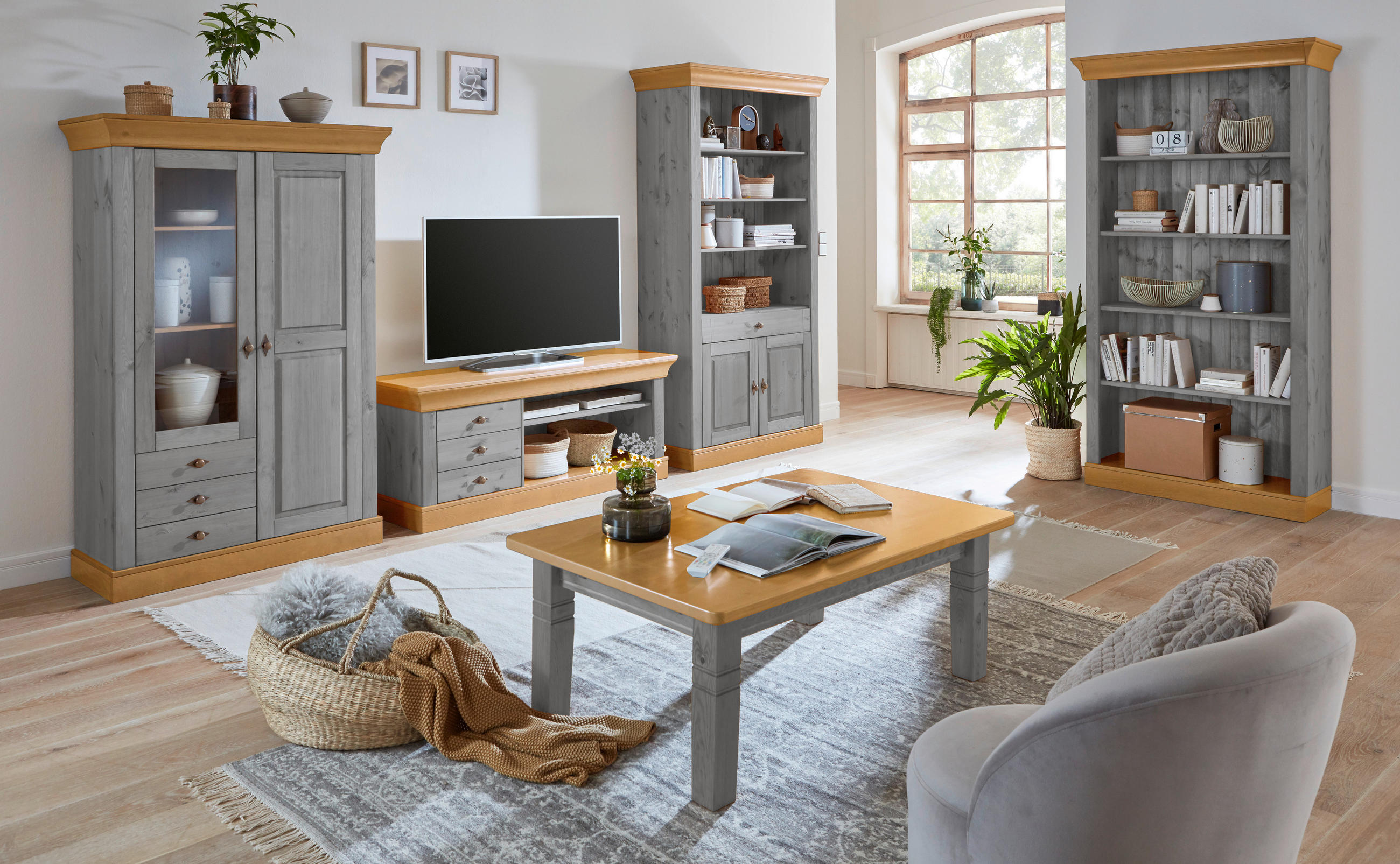 REGAL Kiefer massiv Grau, Laugenfarbig - Laugenfarbig/Grau, ROMANTIK / LANDHAUS, Holz/Metall (108/202/45cm) - Boxxx