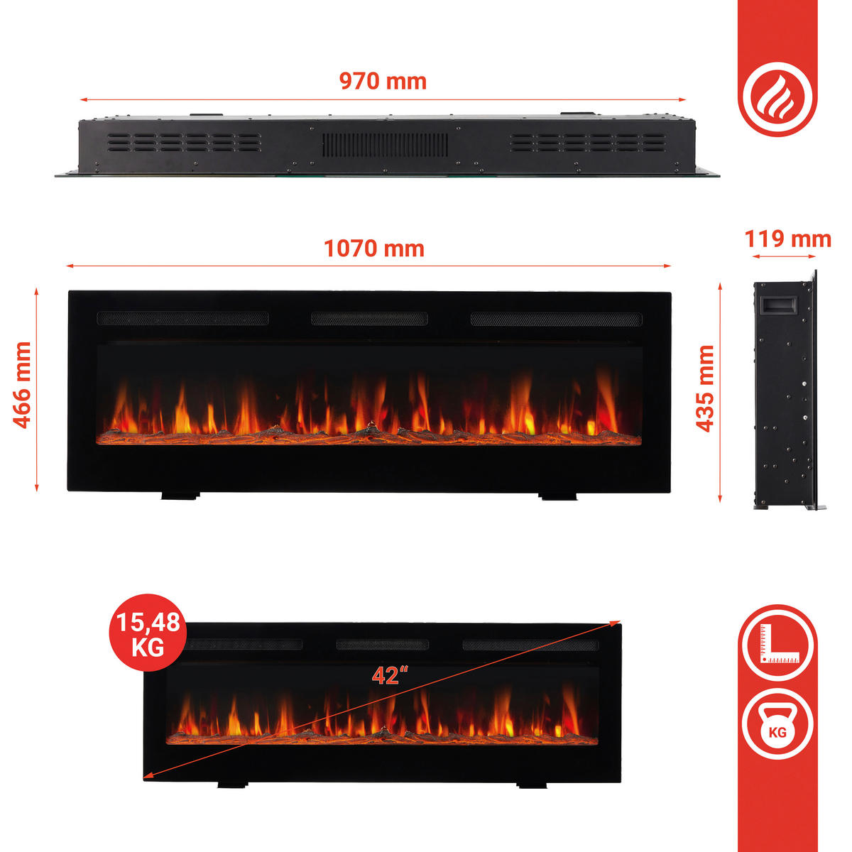 ELEKTROKAMIN - Schwarz, Basics, Glas/Metall (107,0/11,9/46,6cm)