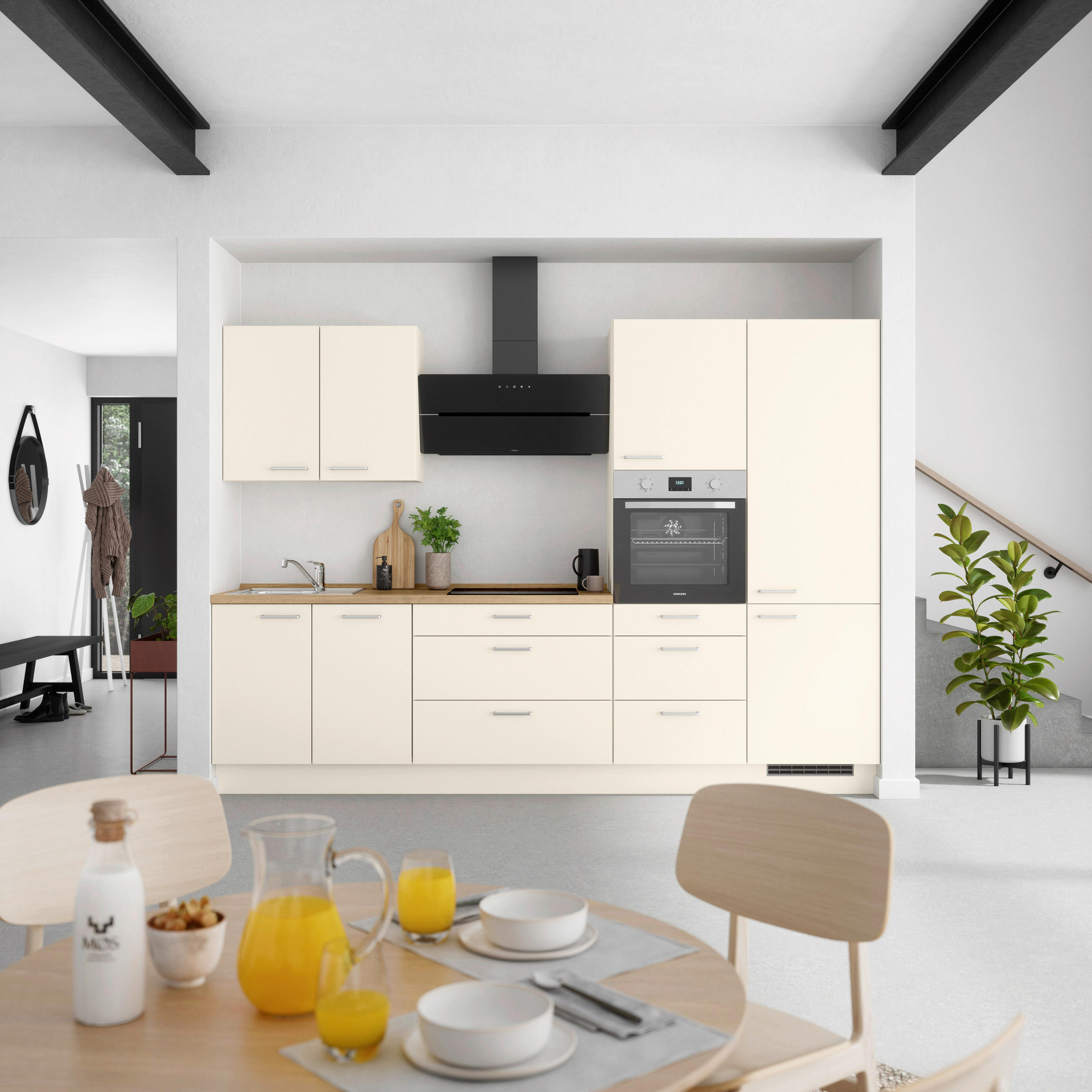 KÜCHENBLOCK 300 cm   in Eichefarben, Magnolie  - Edelstahlfarben/Eichefarben, MODERN, Holzwerkstoff/Metall (300cm) - Nobilia